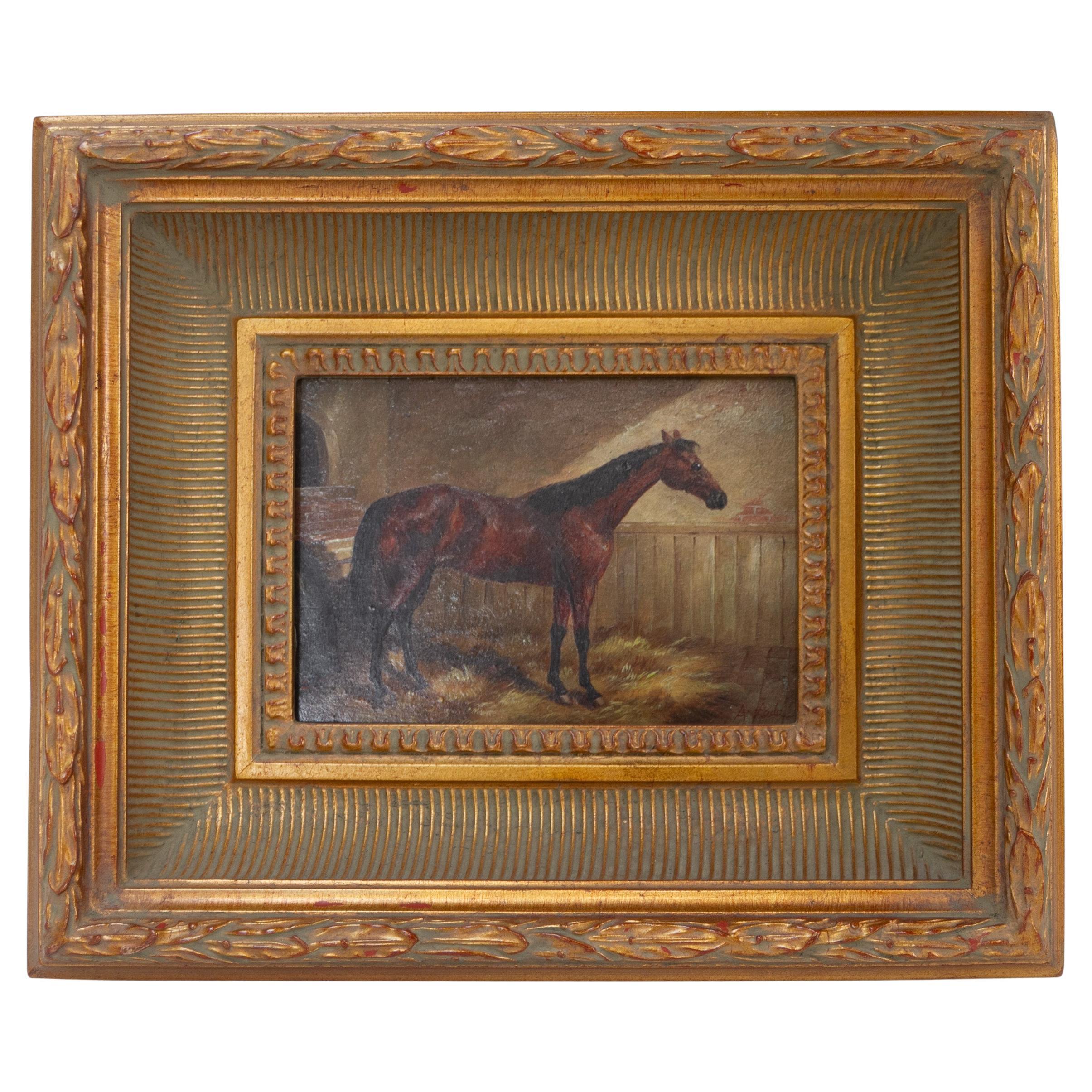 Vintage Oil Painting of Bay Horse in Gilded Frame, 20th Century.