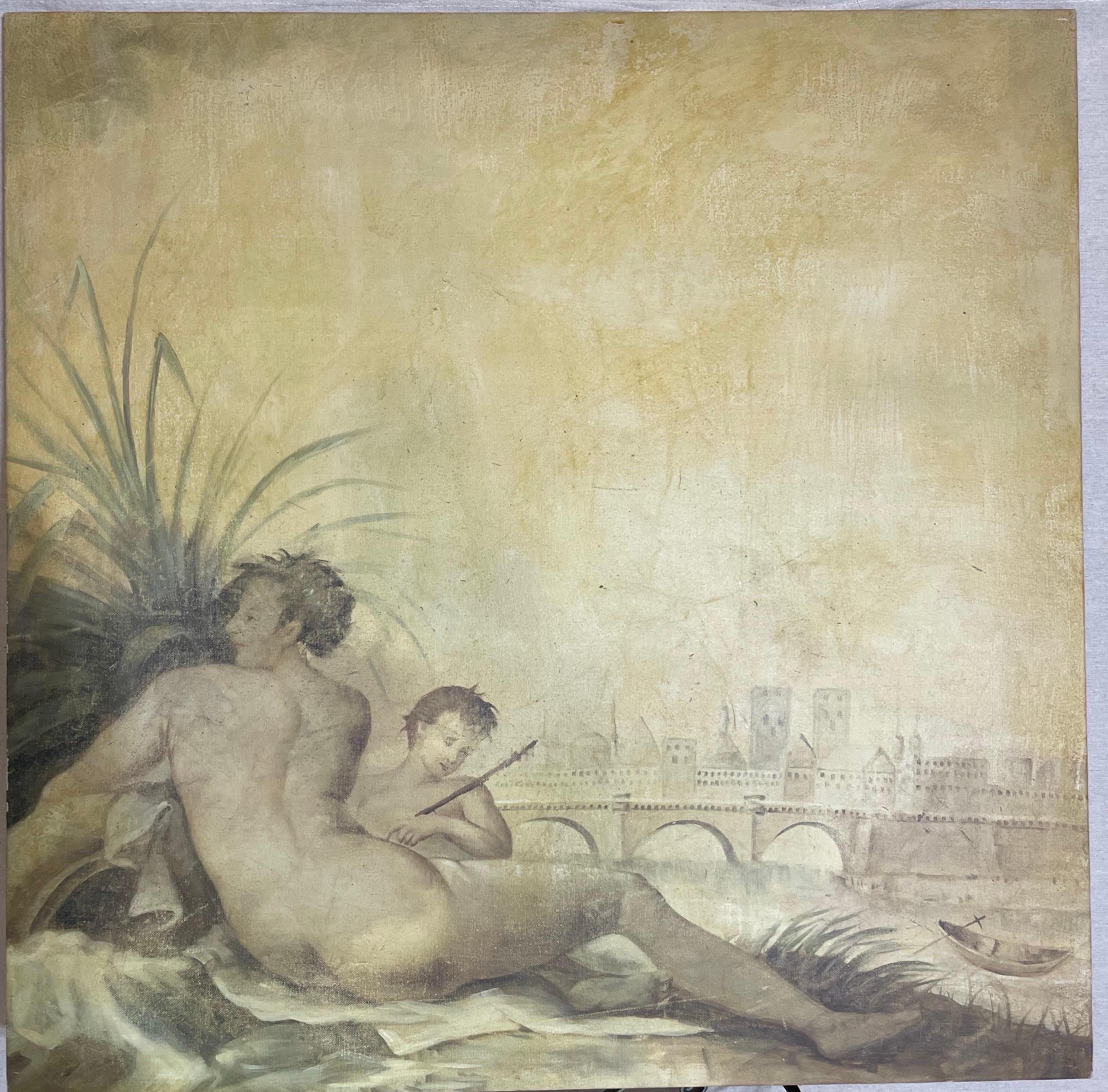 Vintage oil painting depicting European scene
Beautiful muted colors
Large scale
