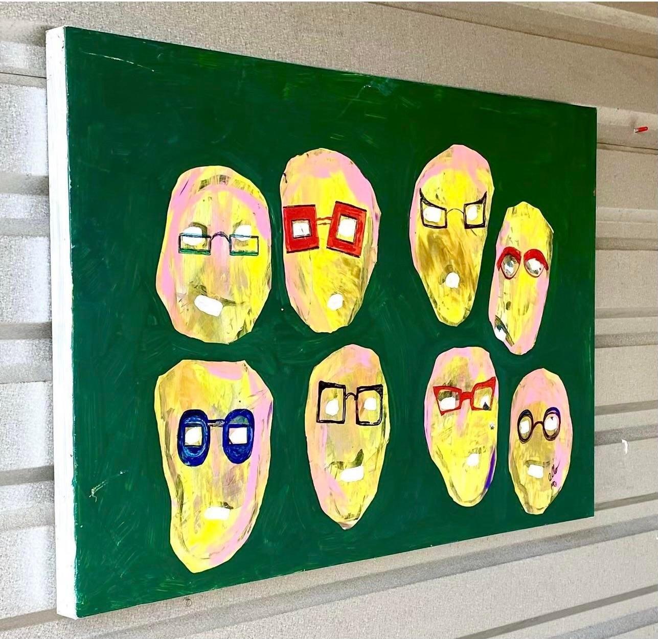 Fantastic oil painting of faces with spectacles. Signed by the artist and dated 1971.