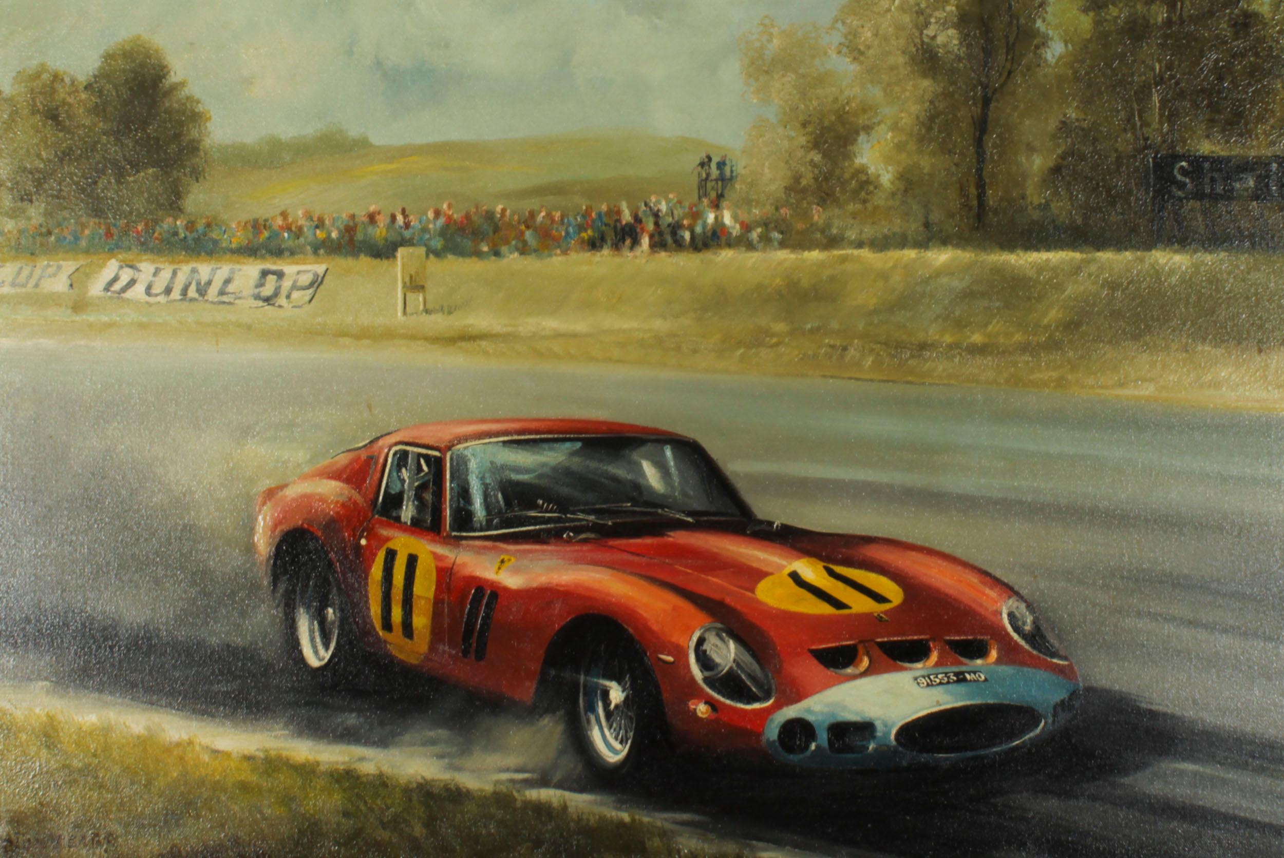 This is a Dion Pears (1929-1985) original oil on canvas artwork, signed lower left by the artist.

It depicts the John Surtees and Mike Parkes piloted Ferrari 250 GTO competing at the 1962 Paris 1000 km race. The pairing finished the race in second