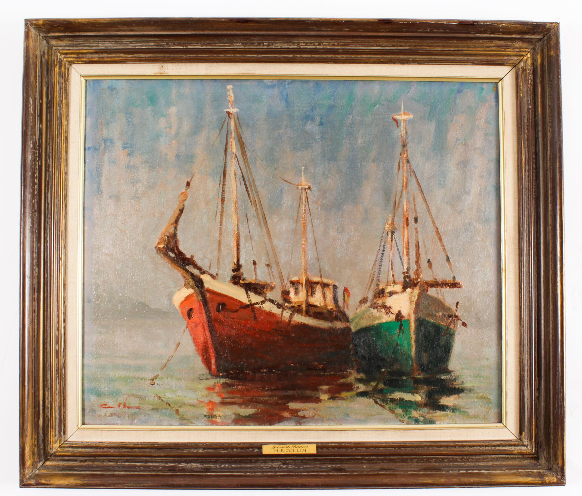 Vintage Oil Painting of Fishing Boats by Harold Edward Collin (1936-1973) For Sale 7