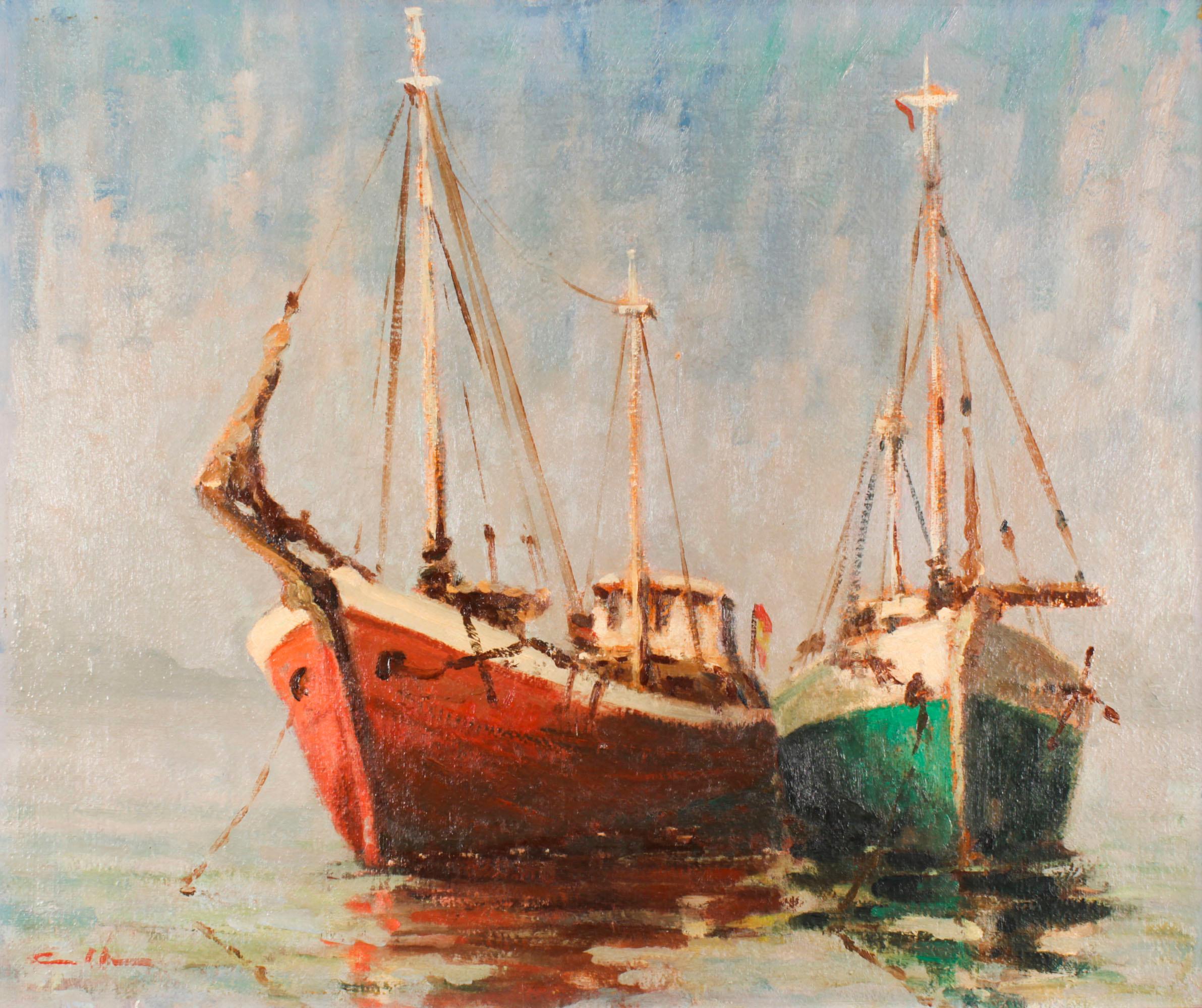 Vintage oil painting of  fishing boats titled Spanish Traders by Harold Edward Collin (1936-1973) circa 1960 in date.

The Impressionist painting freatures a pair of fishing boats one painted red and the other blue anchored in calm waters on the