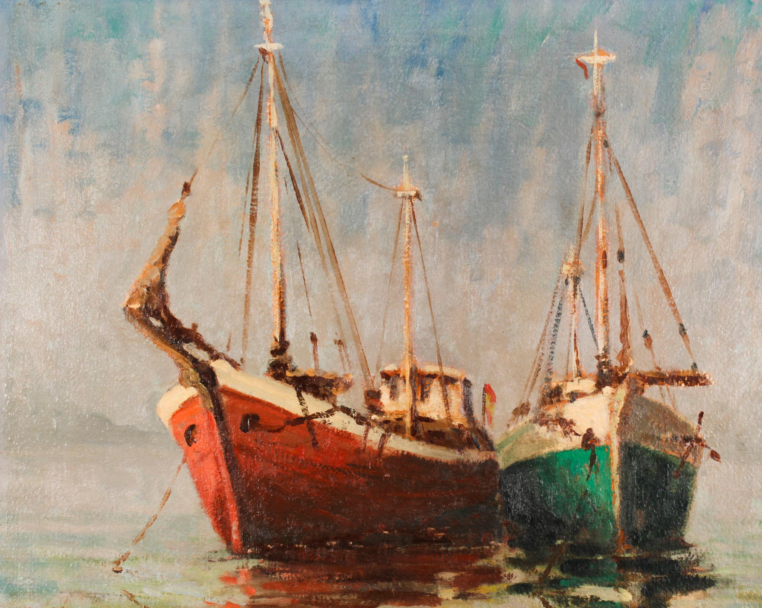 Vintage Oil Painting of Fishing Boats by Harold Edward Collin (1936-1973) In Good Condition For Sale In London, GB