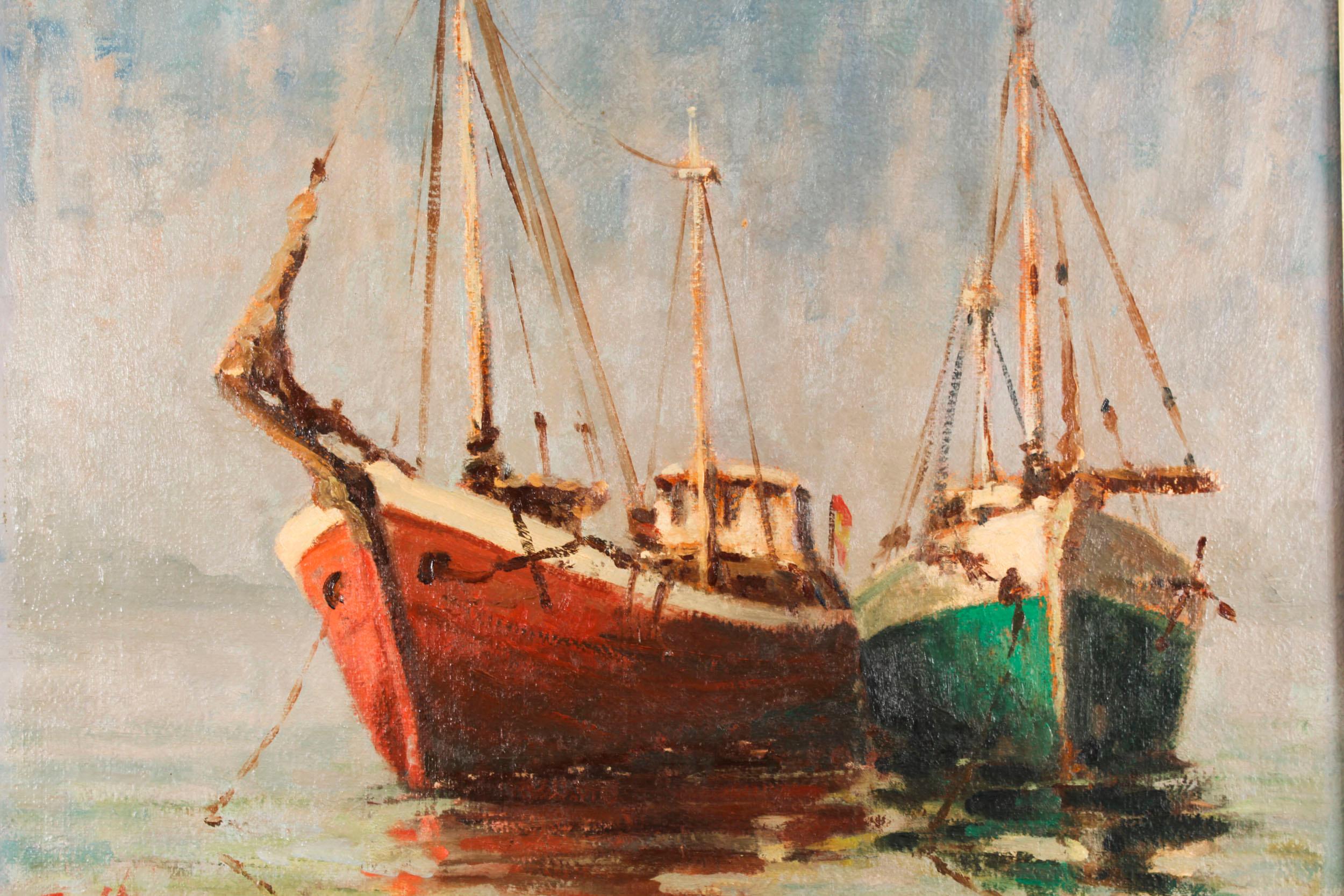 Mid-20th Century Vintage Oil Painting of Fishing Boats by Harold Edward Collin (1936-1973) For Sale