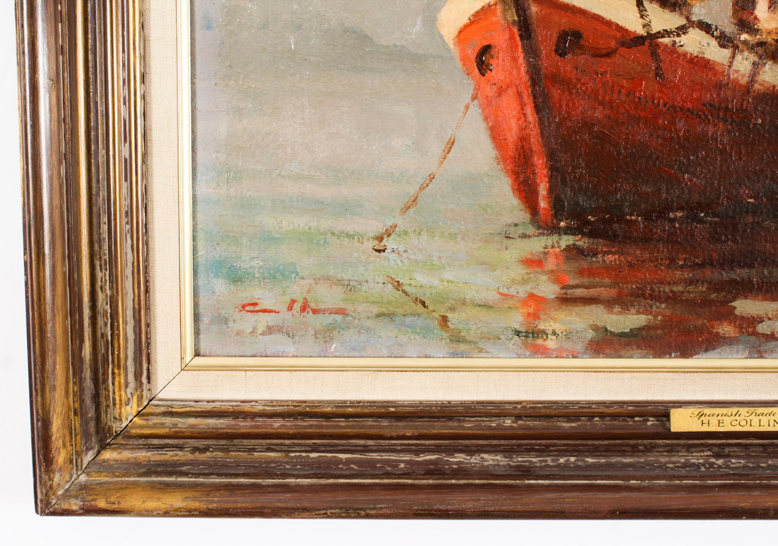 Vintage Oil Painting of Fishing Boats by Harold Edward Collin (1936-1973) For Sale 1