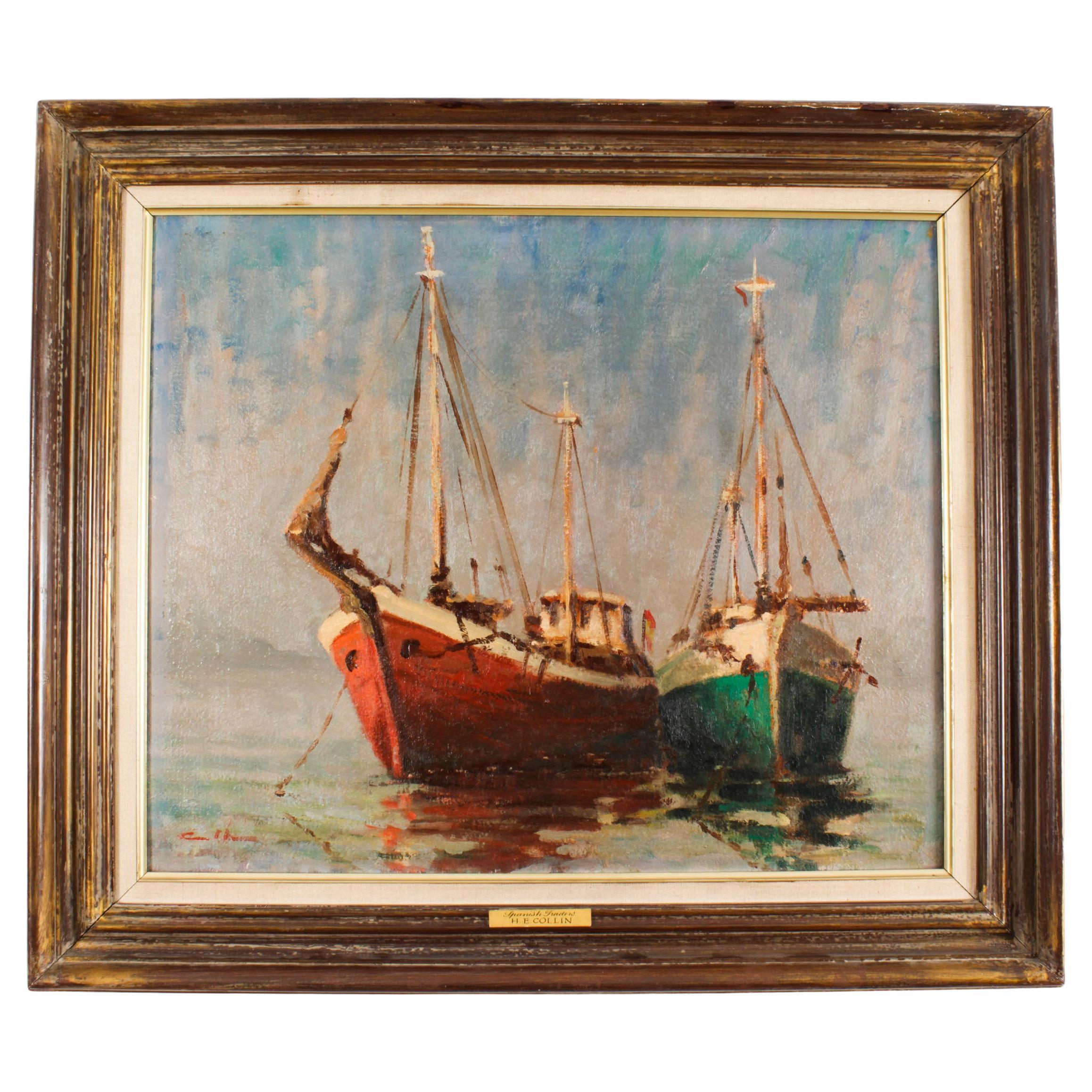 Vintage Oil Painting of Fishing Boats by Harold Edward Collin (1936-1973) For Sale