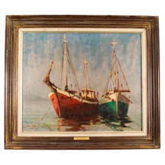 Peinture à l'huile vintage représentant des bateaux de pêche par Harold Edward Collin (1936-1973)