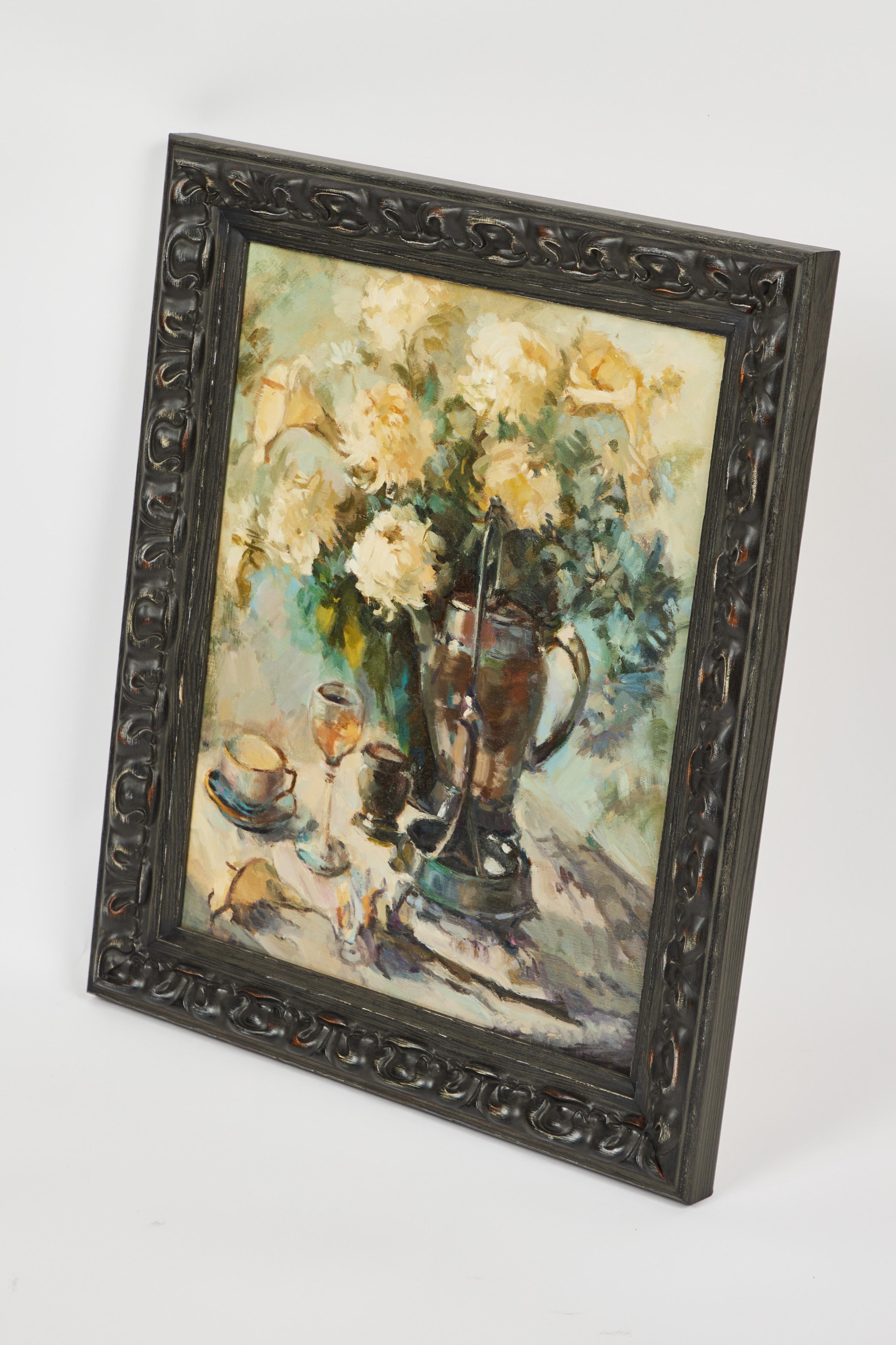 Wood Vintage Oil Painting of Floral Still Life