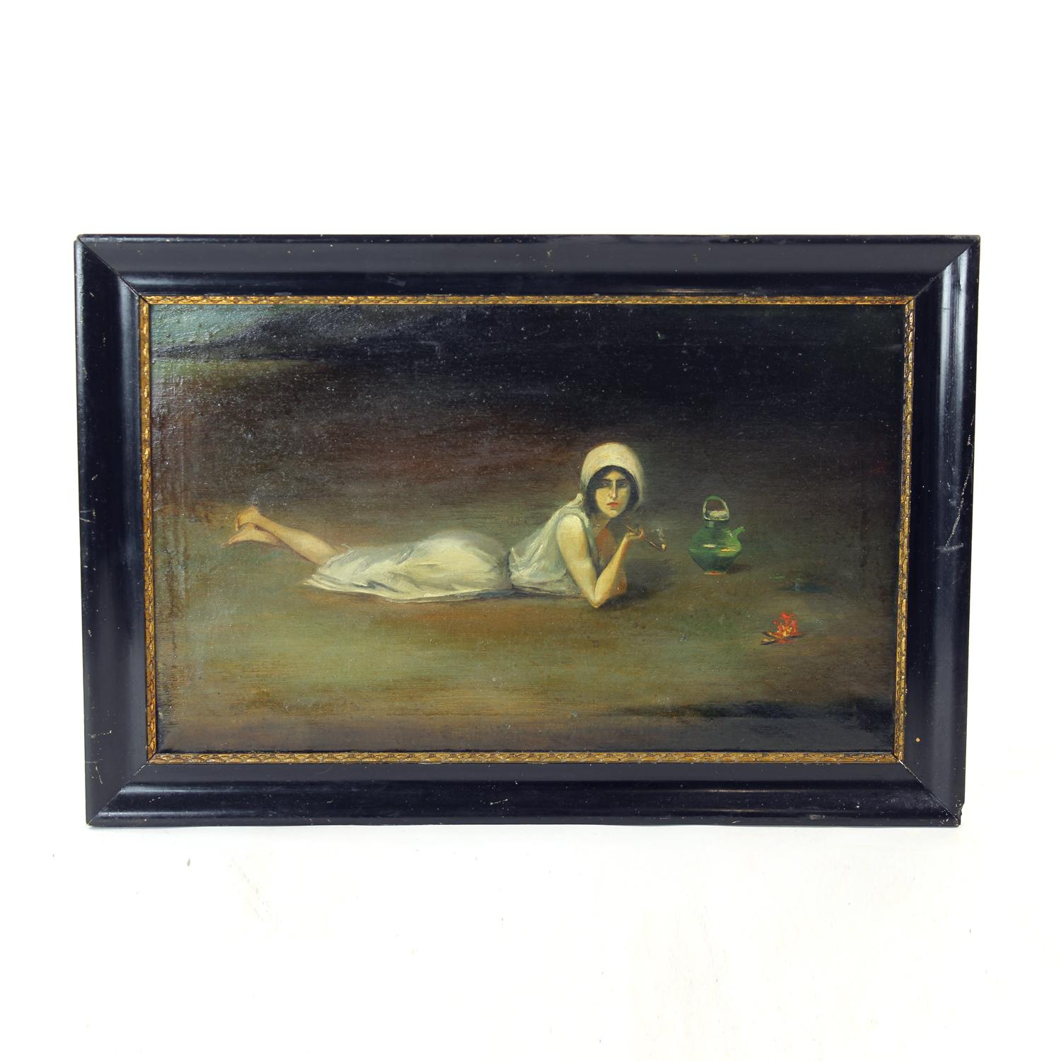 Art Deco Vintage Oil Painting Of Gypsy From Zamutov, Czechoslovakia 1940s For Sale