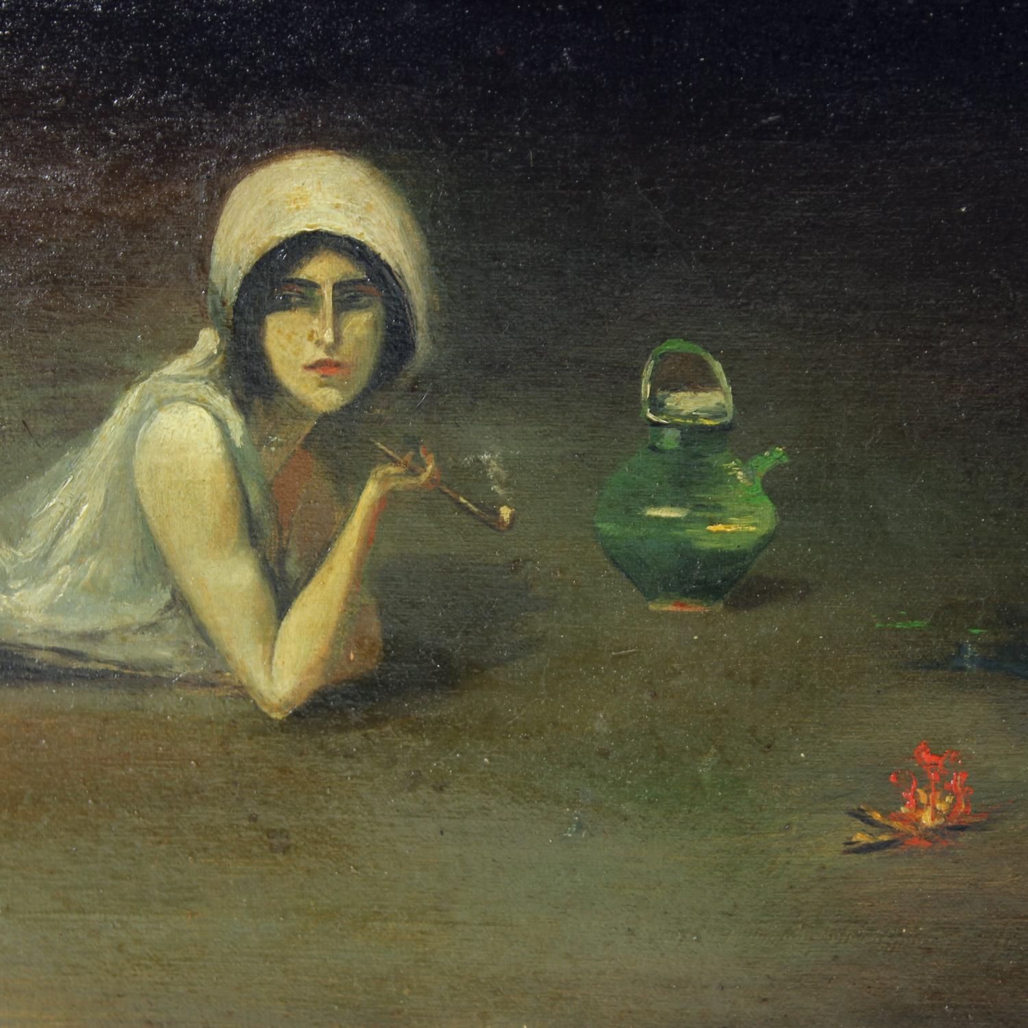 Canvas Vintage Oil Painting Of Gypsy From Zamutov, Czechoslovakia 1940s For Sale