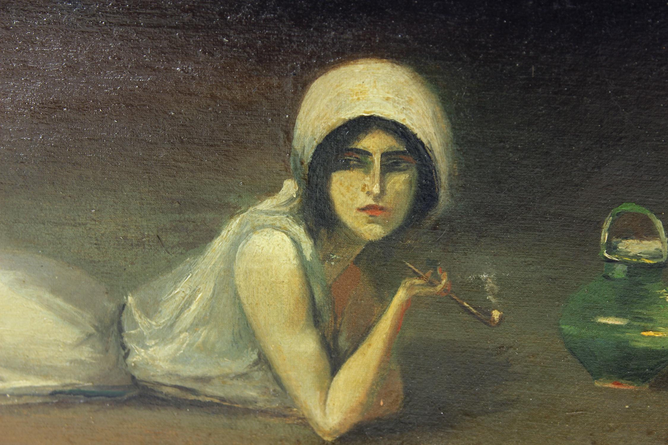 Vintage Oil Painting Of Gypsy From Zamutov, Czechoslovakia 1940s For Sale 1