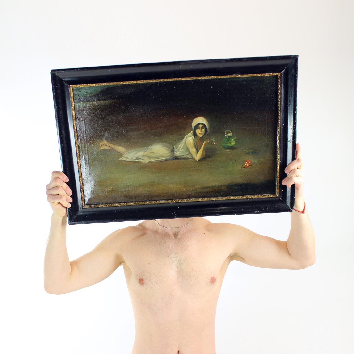 Vintage Oil Painting Of Gypsy From Zamutov, Czechoslovakia 1940s For Sale 3