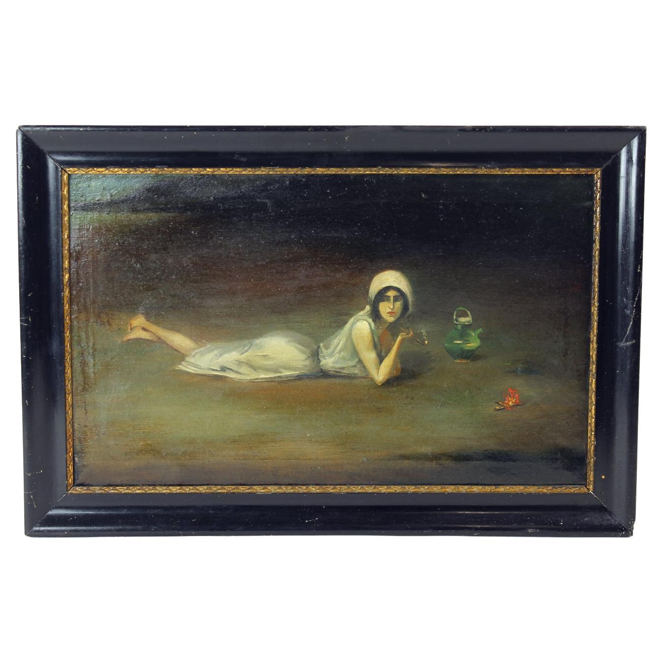 Vintage Oil Painting Of Gypsy From Zamutov, Czechoslovakia 1940s For Sale