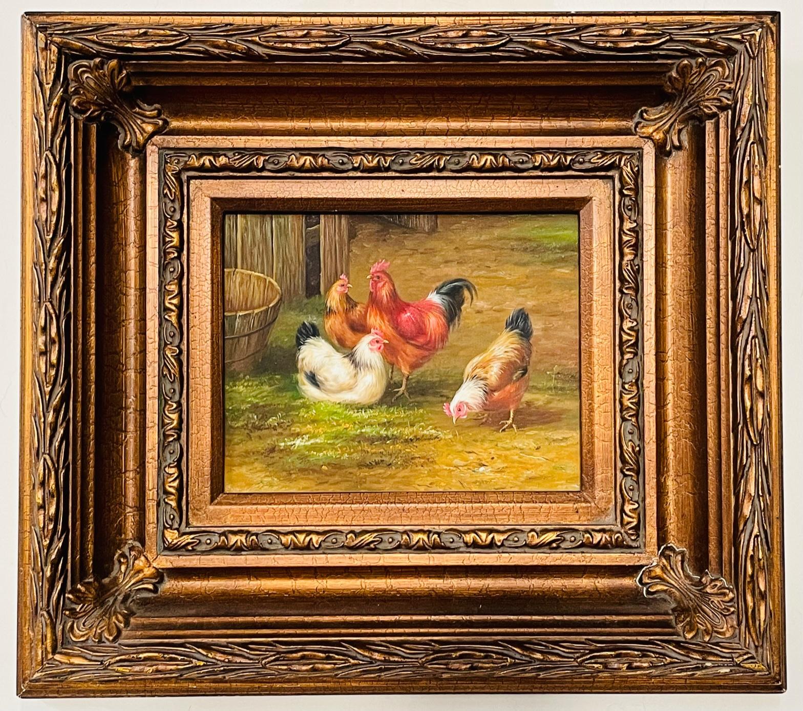 A mid century oil on canvas impressionistic painting of three hens and a rooster in a farm in earthy color tones rendered in the manner of Claude de Guilleminet. The painting is presented in a fine hand carved giltwood frame. 
Claude Guilleminet