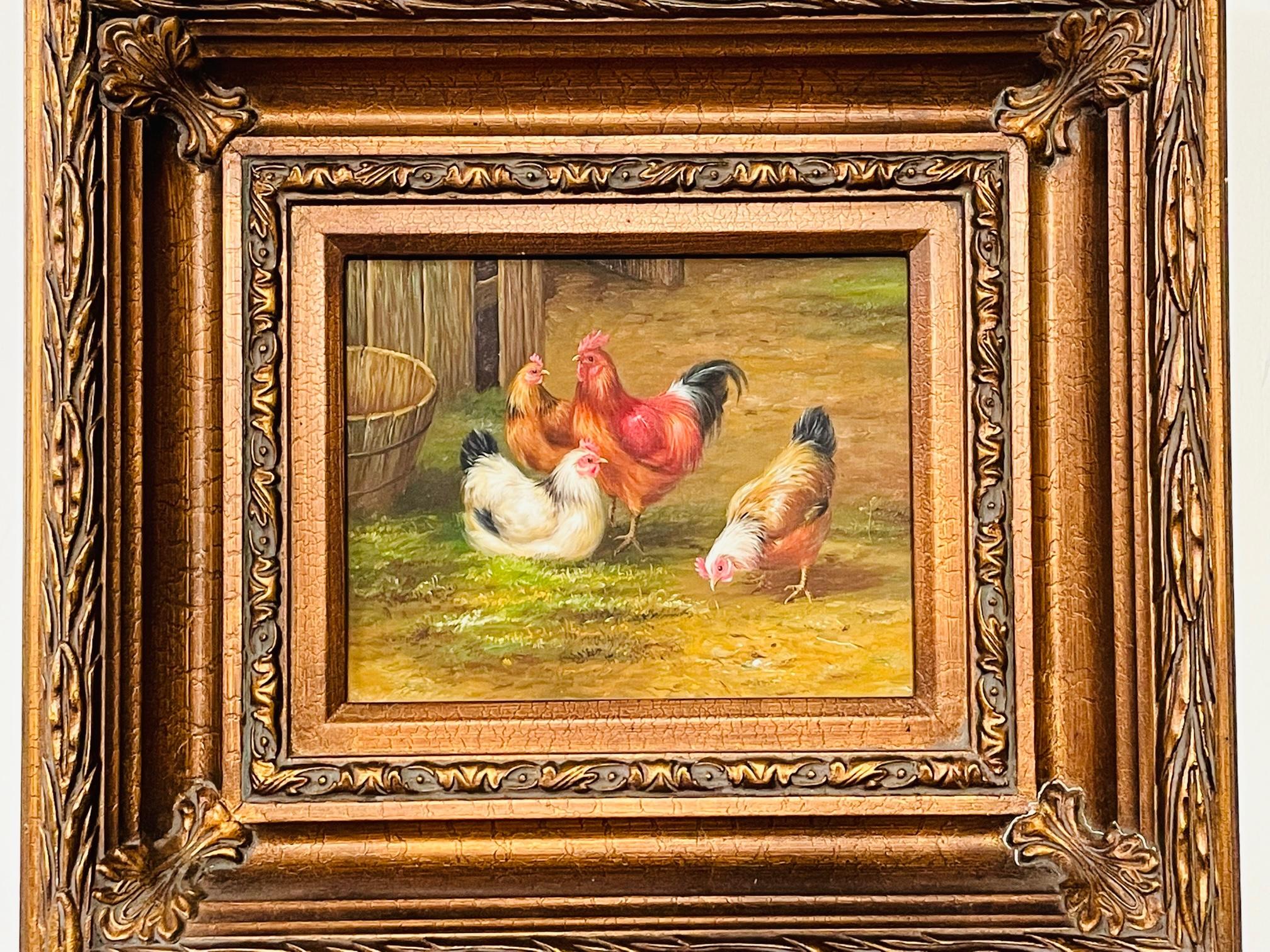 Country Vintage Oil Painting of Hens and Rooster in the Manner of Claude de Guilleminet