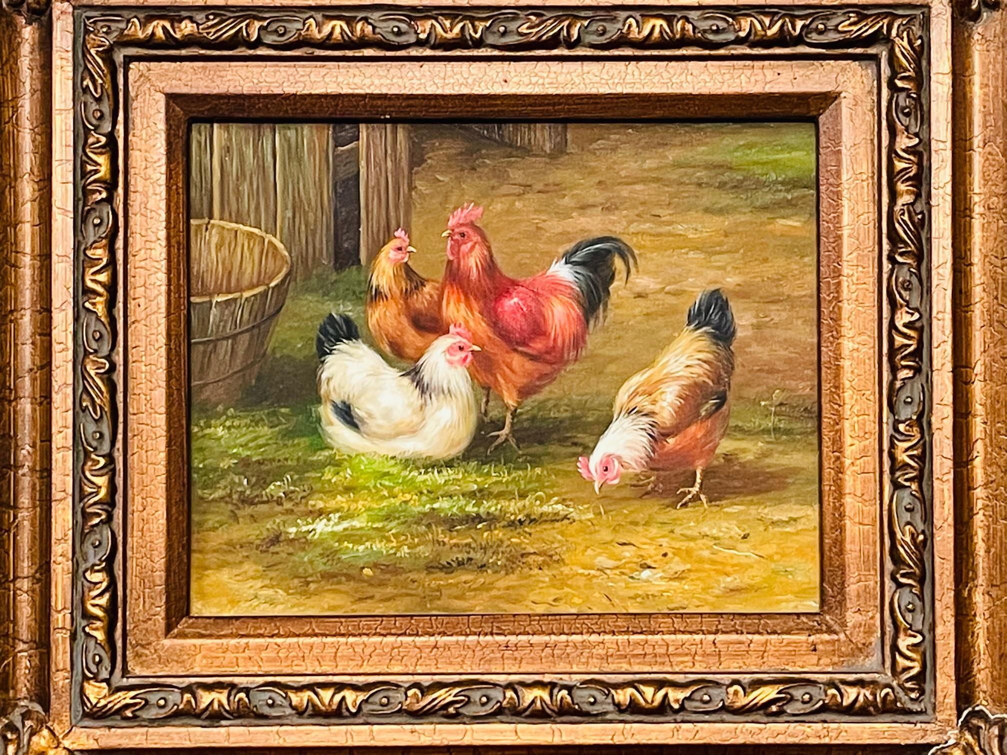 Vintage Oil Painting of Hens and Rooster in the Manner of Claude de Guilleminet In Good Condition In Plainview, NY