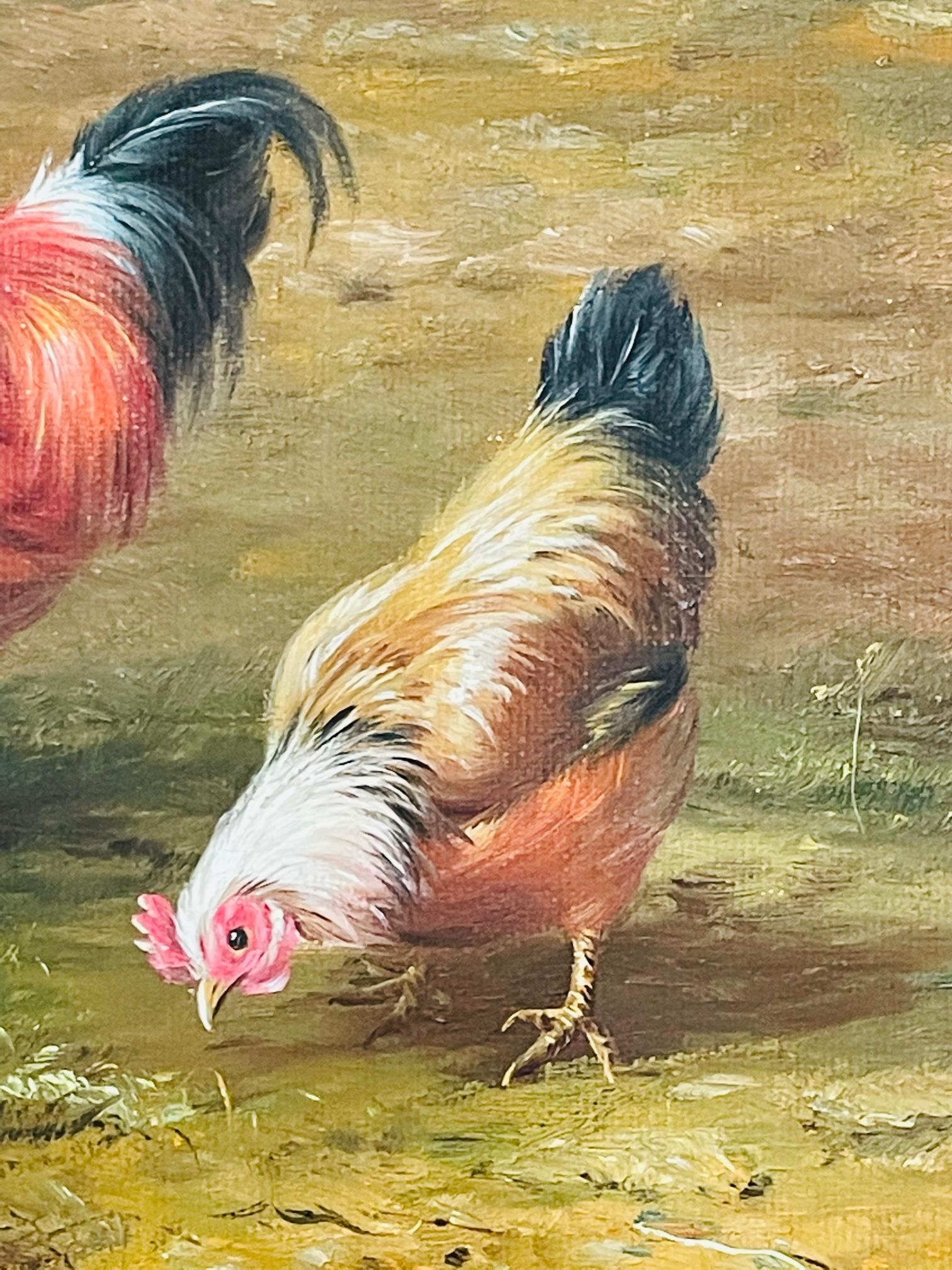 Canvas Vintage Oil Painting of Hens and Rooster in the Manner of Claude de Guilleminet