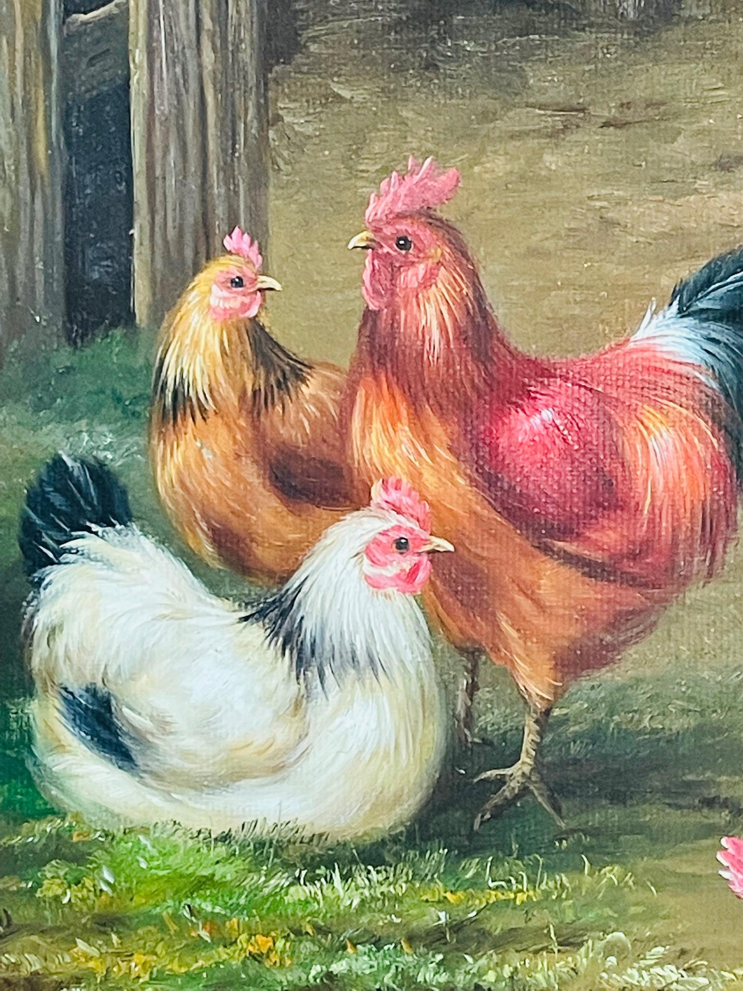 Vintage Oil Painting of Hens and Rooster in the Manner of Claude de Guilleminet 1