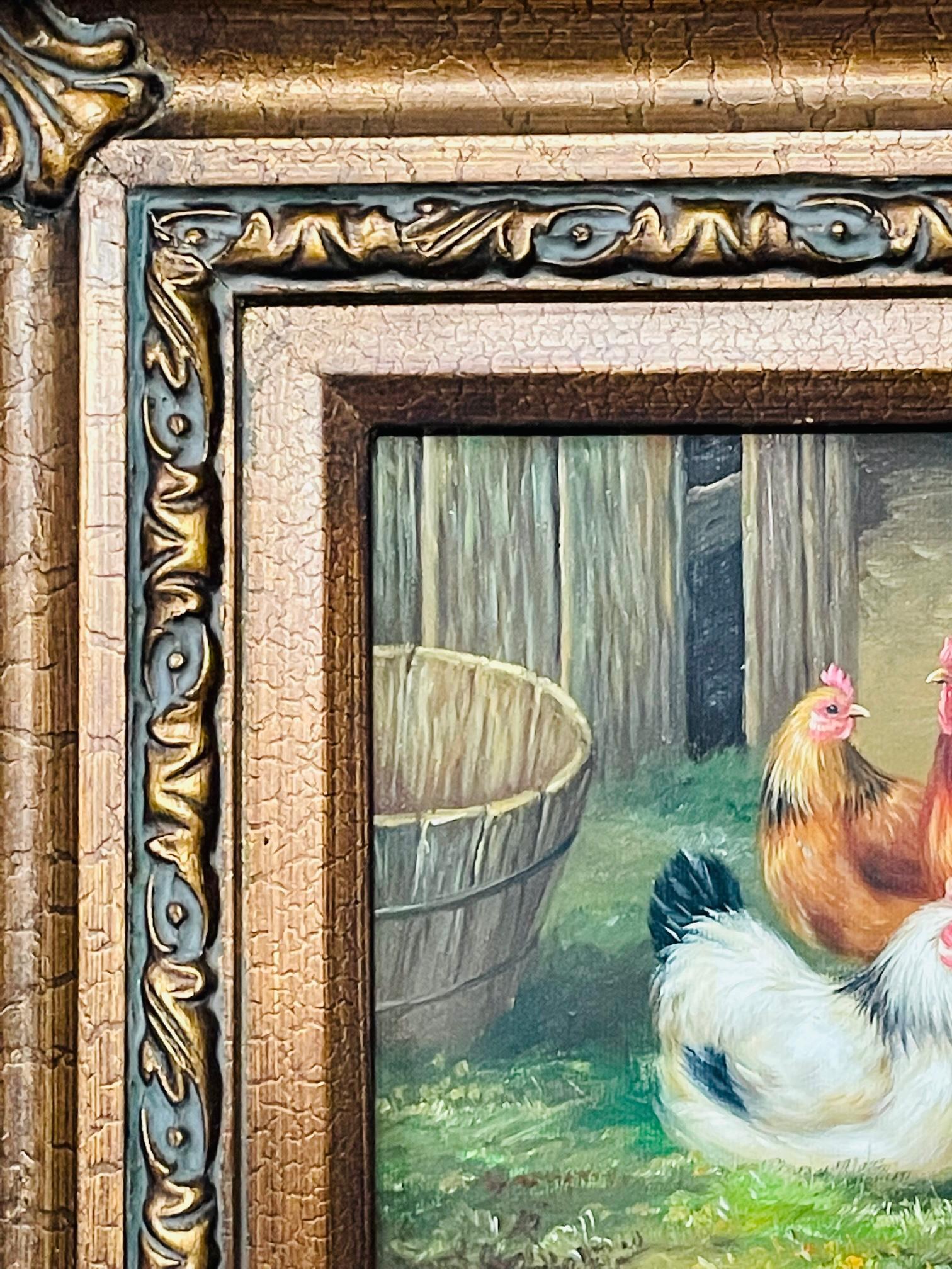 Vintage Oil Painting of Hens and Rooster in the Manner of Claude de Guilleminet 2