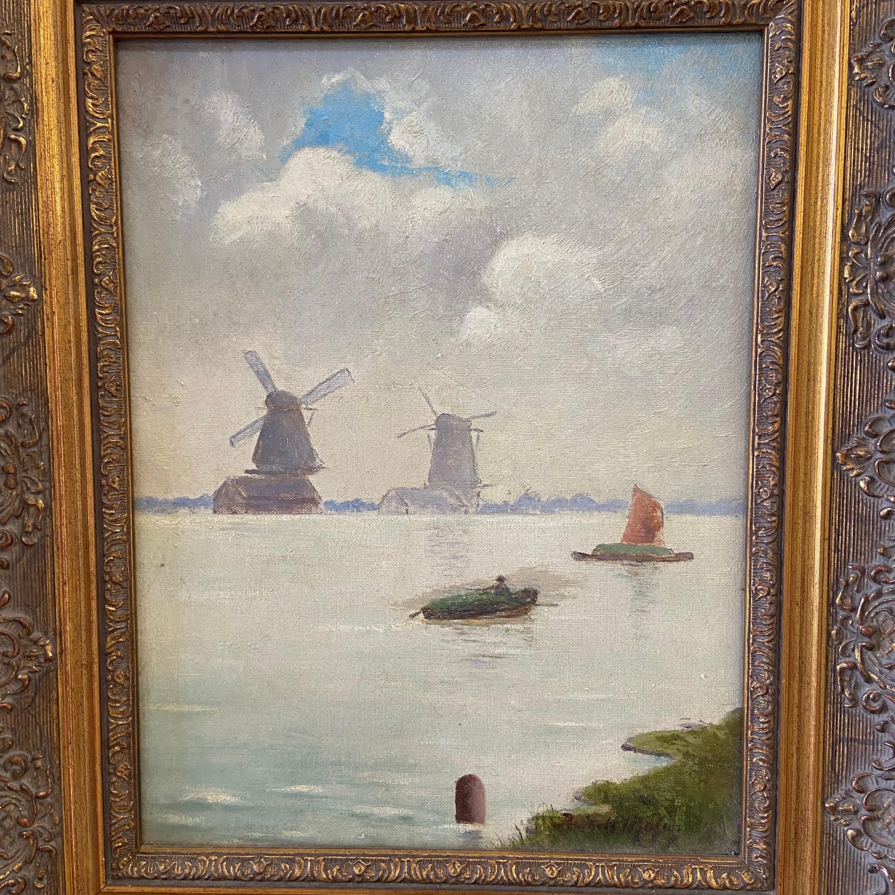 Vintage oil painting of Holland Mill in gilt wood frame
signed by Burdett Mason
c1940
Measures: 15-3/4”W x 19”H x 1-5/8”D.