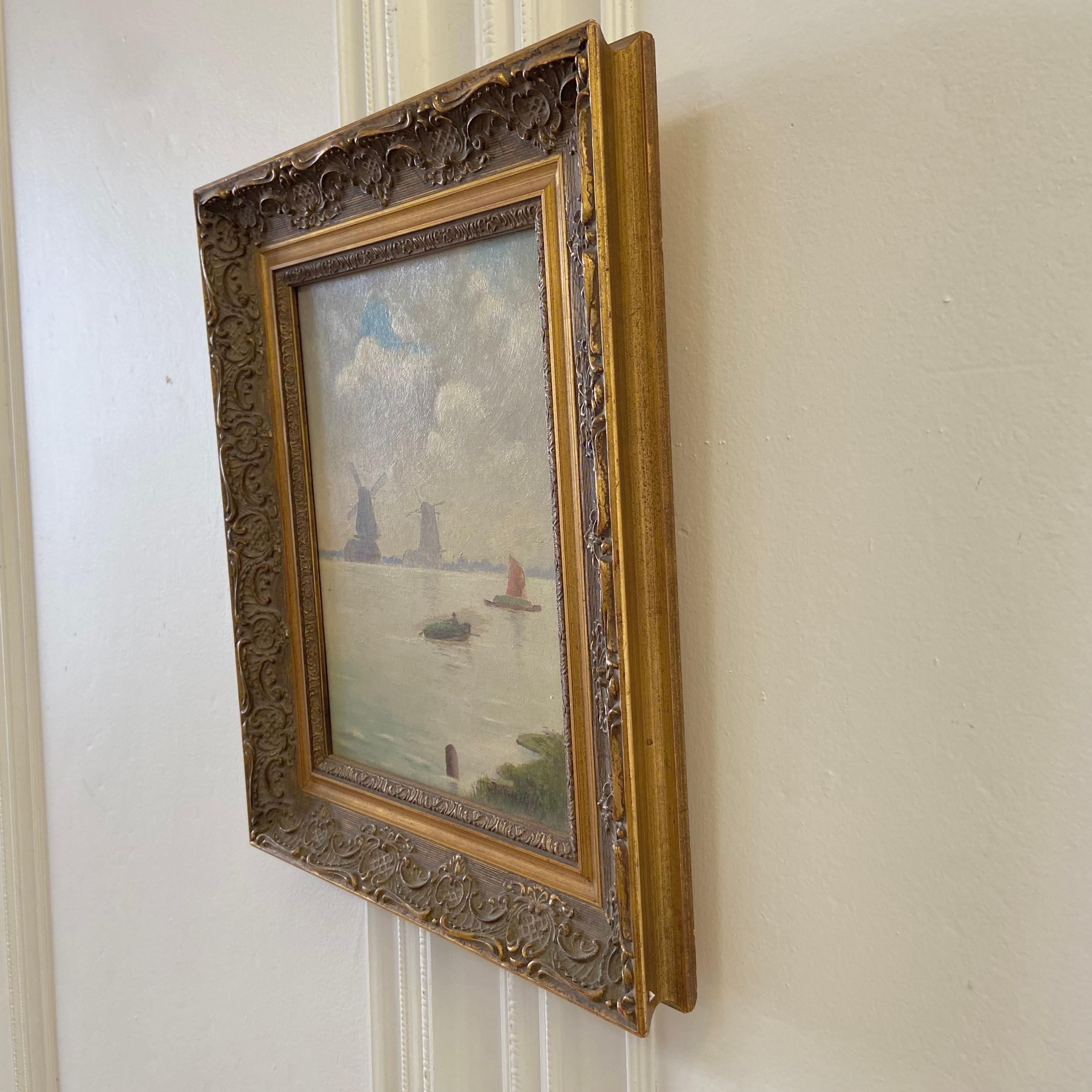 Vintage Oil Painting of Holland Mill in Gilt Wood Frame In Good Condition In Brea, CA