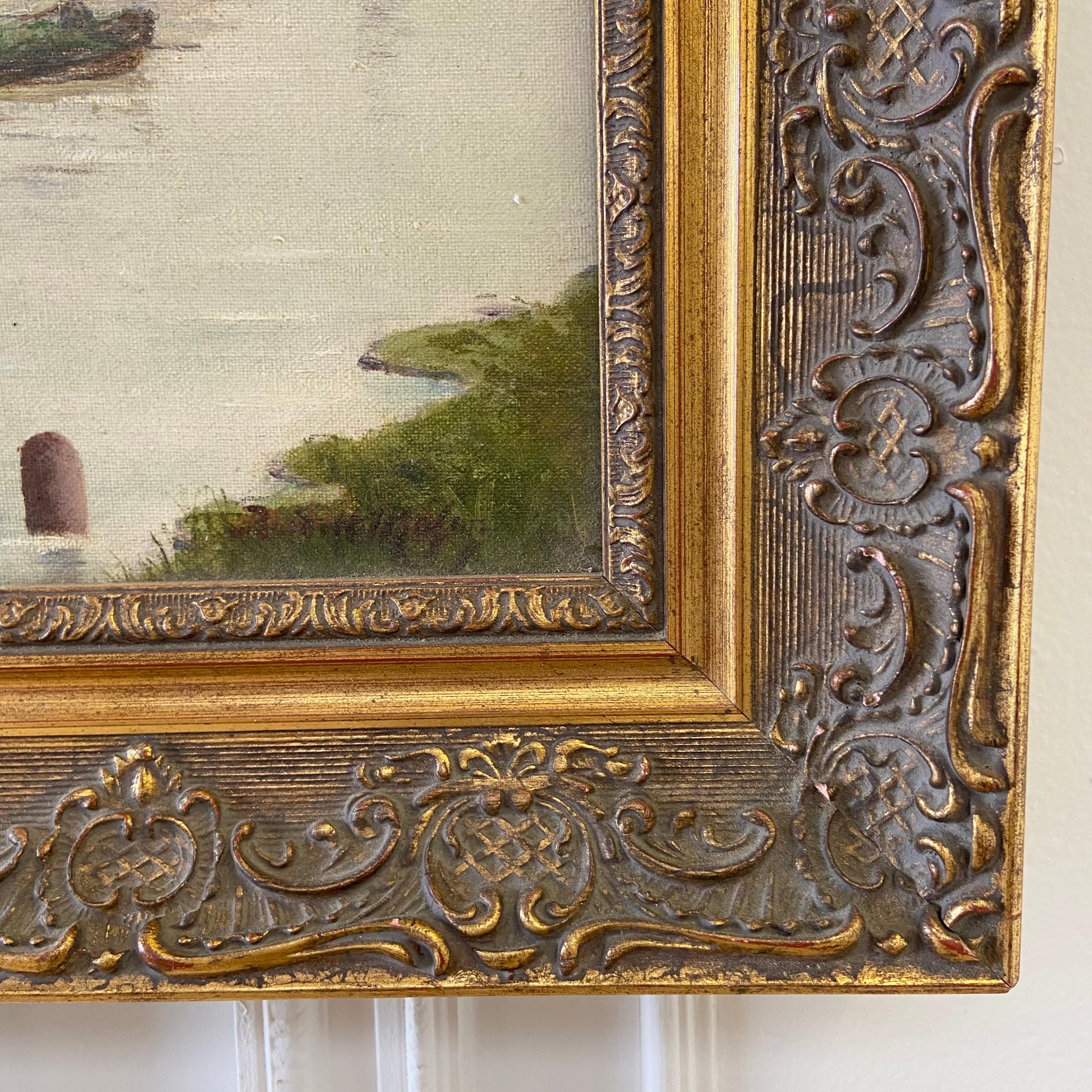 20th Century Vintage Oil Painting of Holland Mill in Gilt Wood Frame