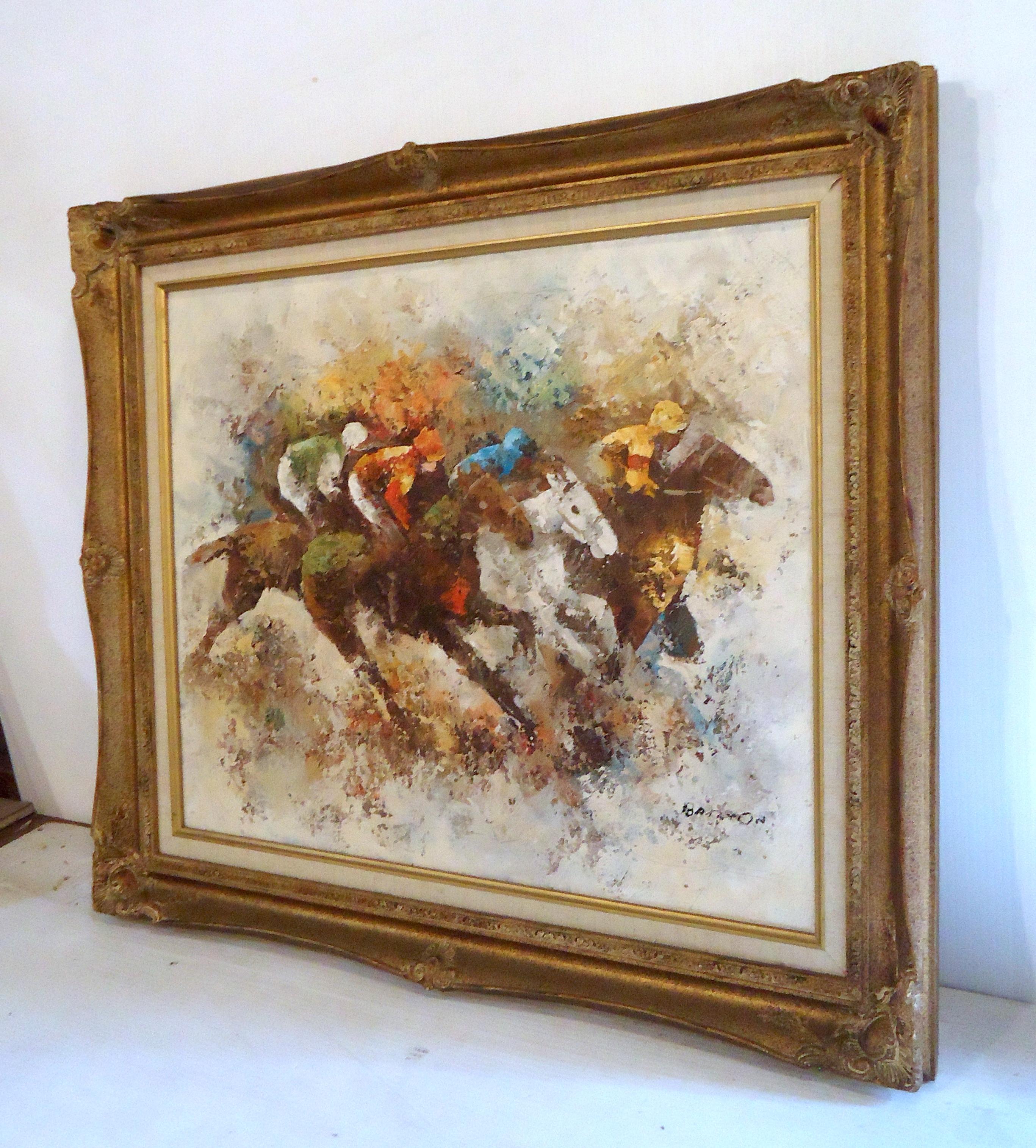 Mid-Century Modern framed oil painting of horses using vivid colors.
(Please confirm item location - NY or NJ - with dealer).