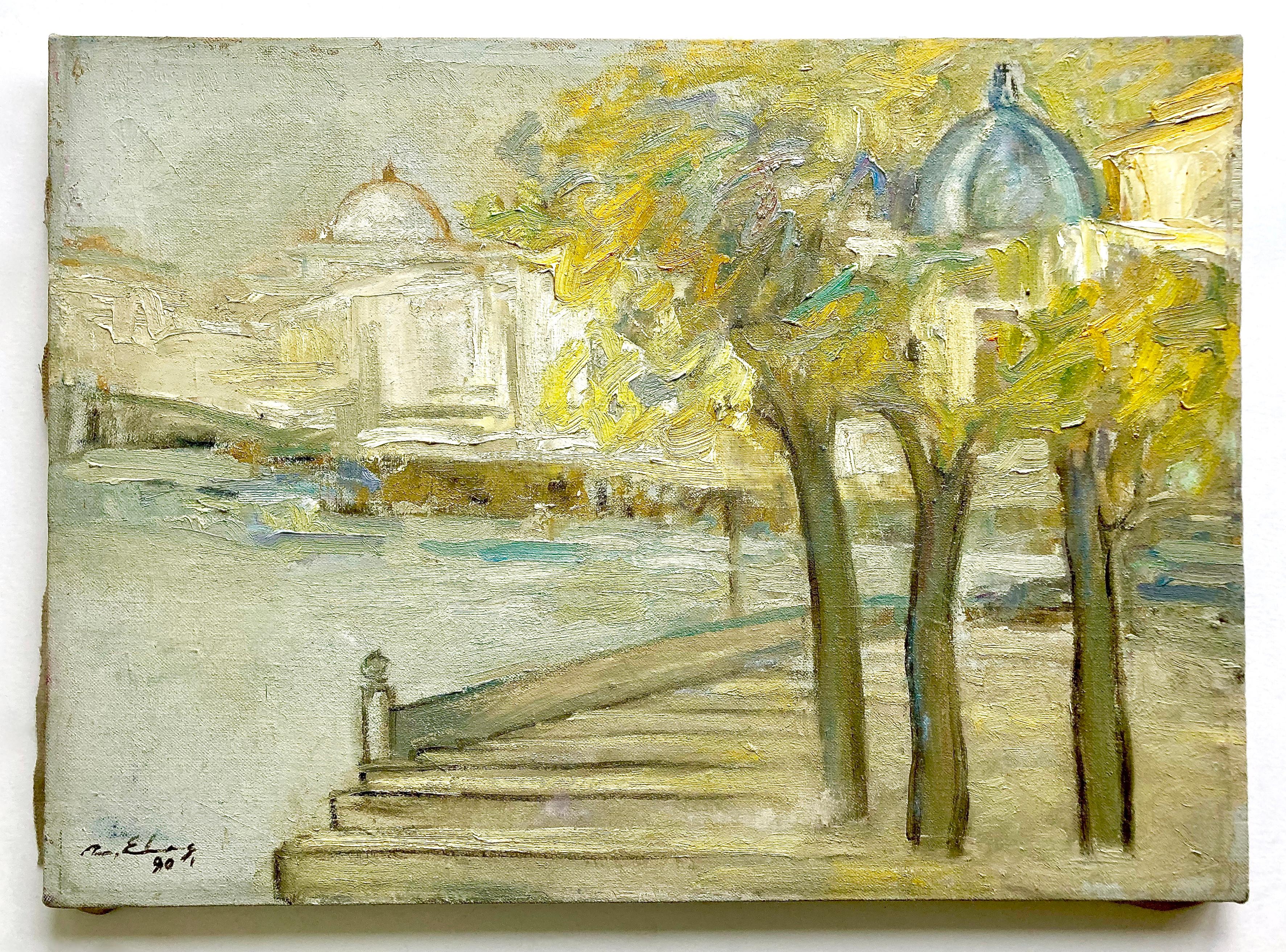 A bright and airy oil painting of Paris on stretched canvas made by Romanian painter Mariana Elas. The artwork is signed and dated 1990 in the lower left corner (see photo). Mariana Elas was born in Romania in 1957 and she is today a well