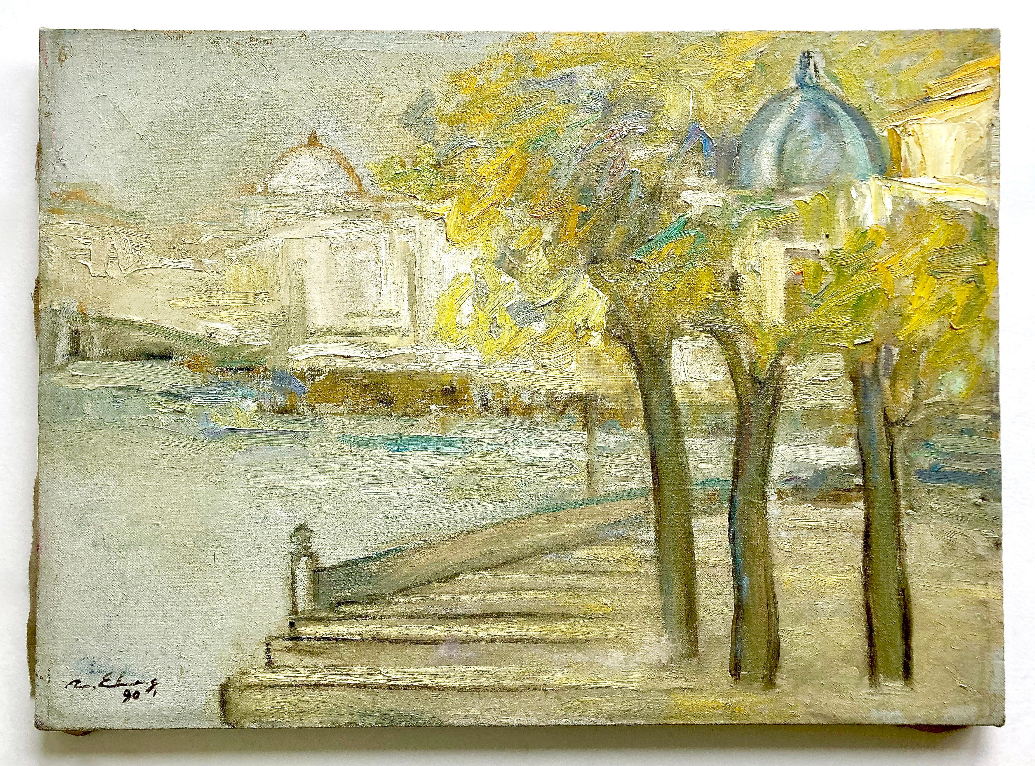 Un luminoso e arioso dipinto a olio di Parigi su tela tesa realizzato dalla pittrice rumena Mariana Elas. L'opera è firmata e datata 1990 nell'angolo in basso a sinistra (vedi foto). Mariana Elas è nata in Romania nel 1957 e oggi è un'artista e