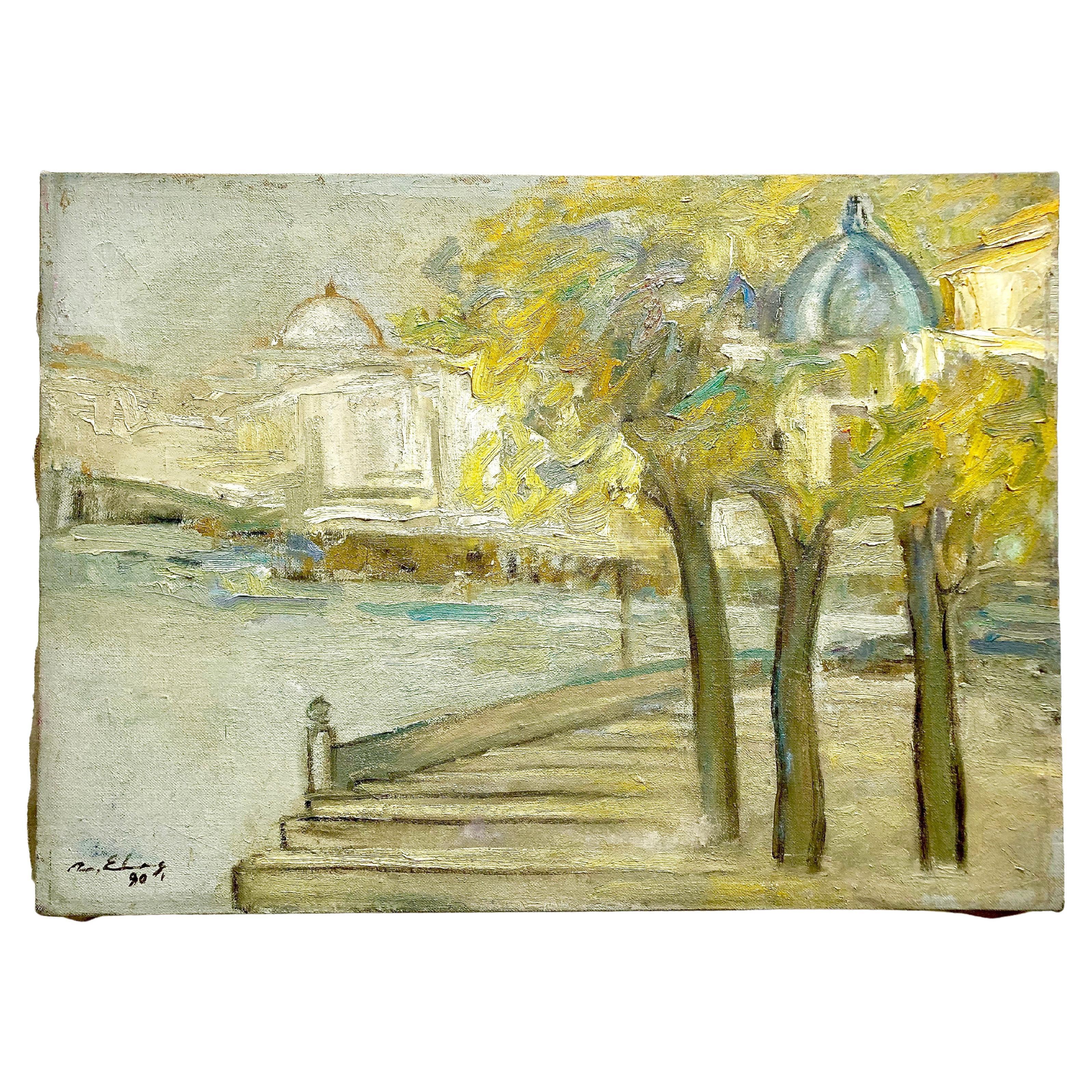Peinture à l'huile ancienne de Paris signée par l'artiste roumaine Mariana Elas, datée de 1990
