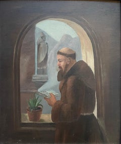 Vintage oil painting of reading munk in window in a quiet, devotional atmosphere