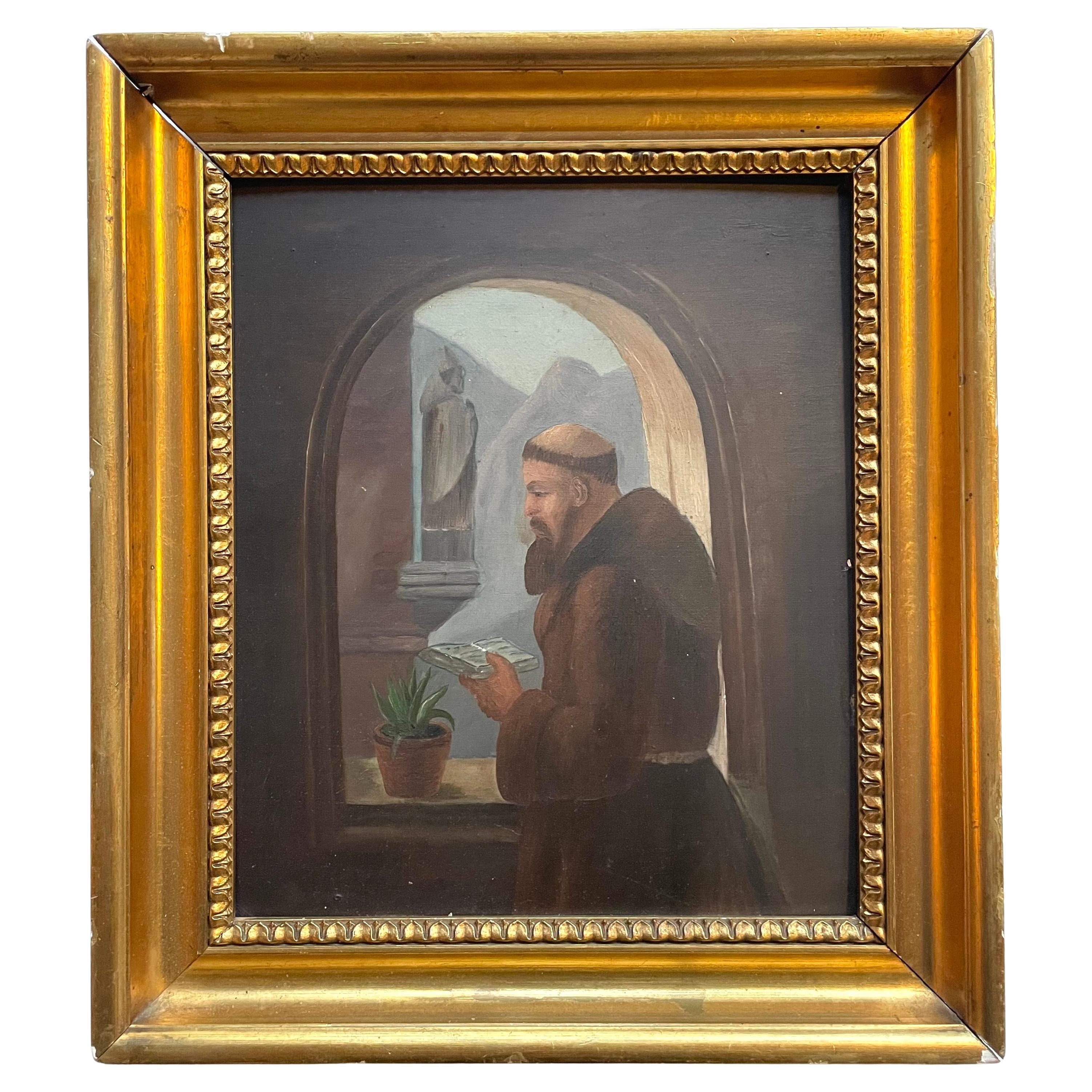 Vintage-Ölgemälde eines lesenden Munk im Fenster in ruhiger, andächtiger Atmosphäre im Angebot