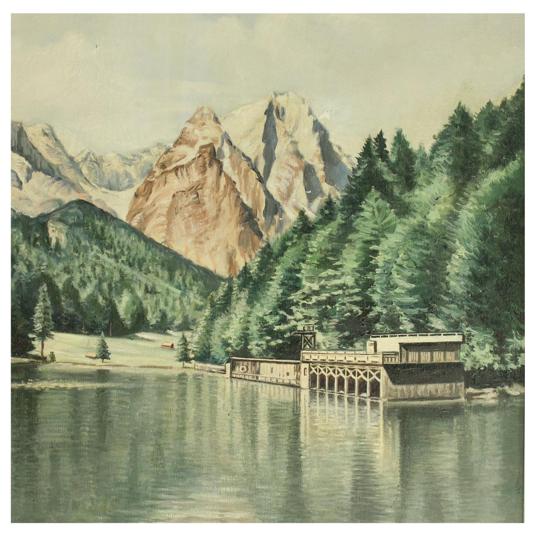 Vintage Oil Painting of Rissersee, Bavaria by Karl Walther