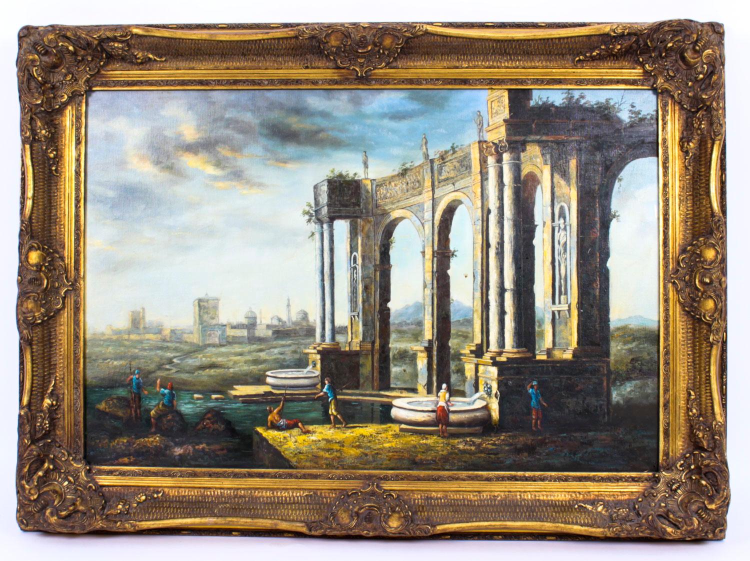 Vintage Oil Painting of Roman Temple Ruins, Mid 20th C 5