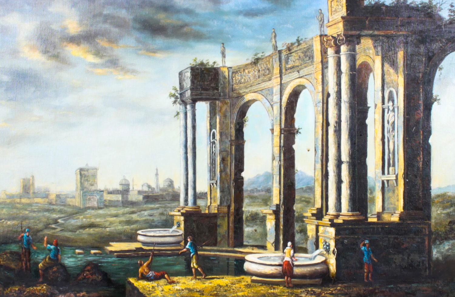 A beautiful vintage oil on canvas painting of the view of Roman Temple Ruins, mid 20th century in date.

The painting features a beautiful view of the ruins with local peasants in the foreground and the perspective of a distant city beyond.

Add