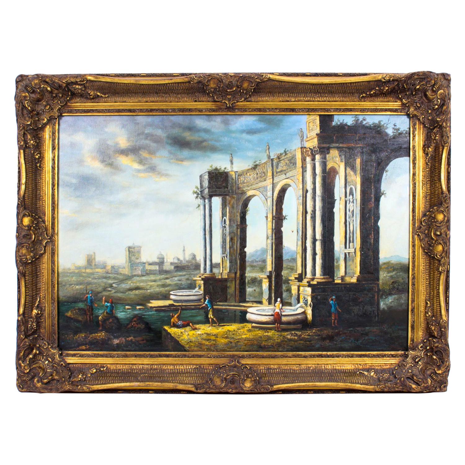 Vintage Oil Painting of Roman Temple Ruins, Mid 20th C