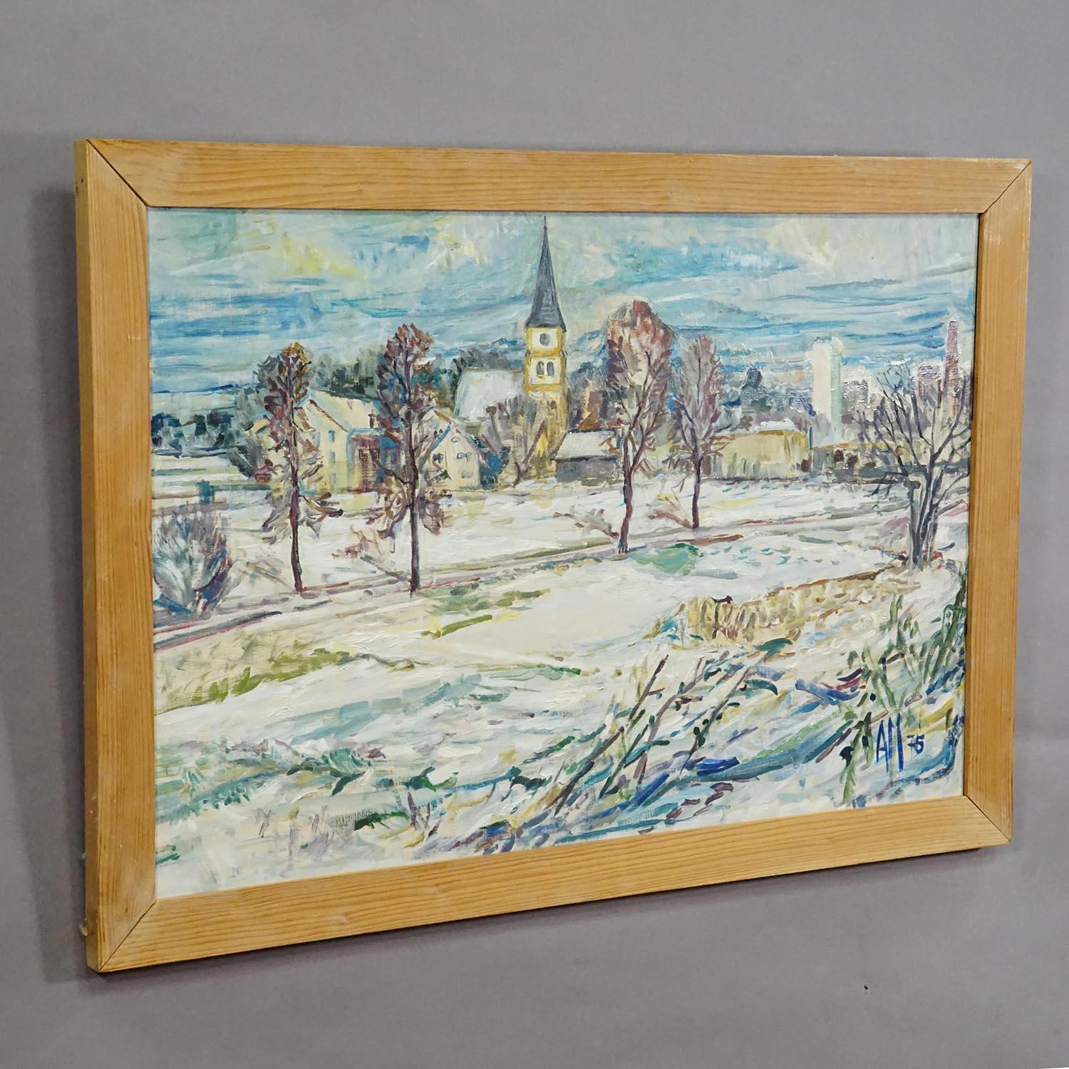 Dipinto a olio d'epoca di Taufkirchen, Baviera, Alexander Michael 1975

Un dipinto a olio incorniciato che raffigura la vista del villaggio invernale bavarese di Taufkirchen, vicino a Monaco. L'opera è dipinta a olio su tela in stile impressionista,