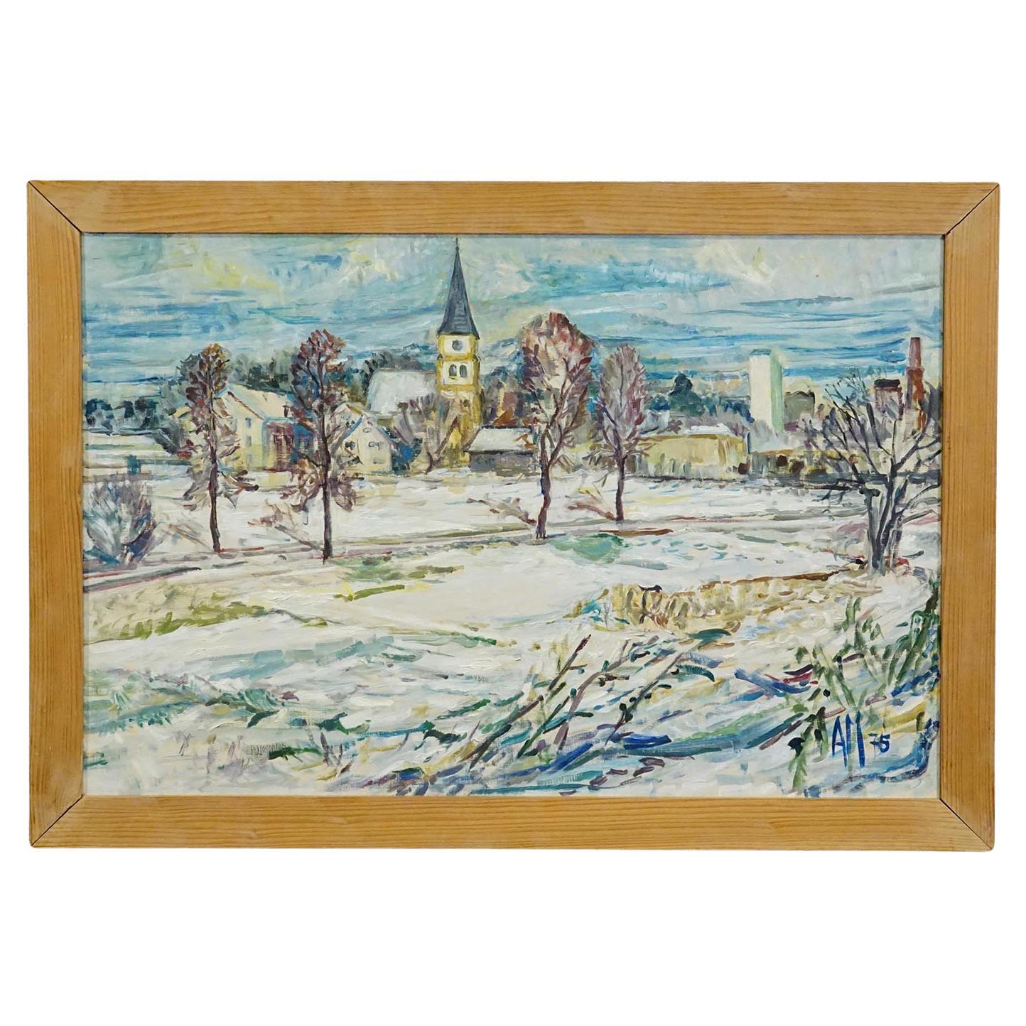 Vintage Oil Painting of Taufkirchen, Bavaria, Alexander Michael 1975