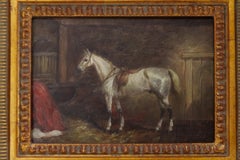 Vintage Oil Painting of White Horse in Gilded Frame, 20th Century.