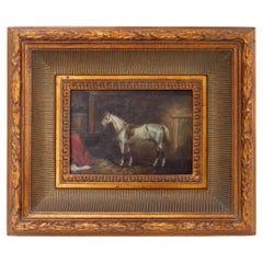 Vintage Oil Painting of White Horse in Gilded Frame, 20th Century.