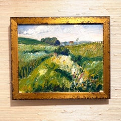 Vintage Oil Painting Framed of Serene Landscape Fields