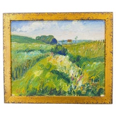 Vintage Oil Painting on Board Framed of Landscape Fields