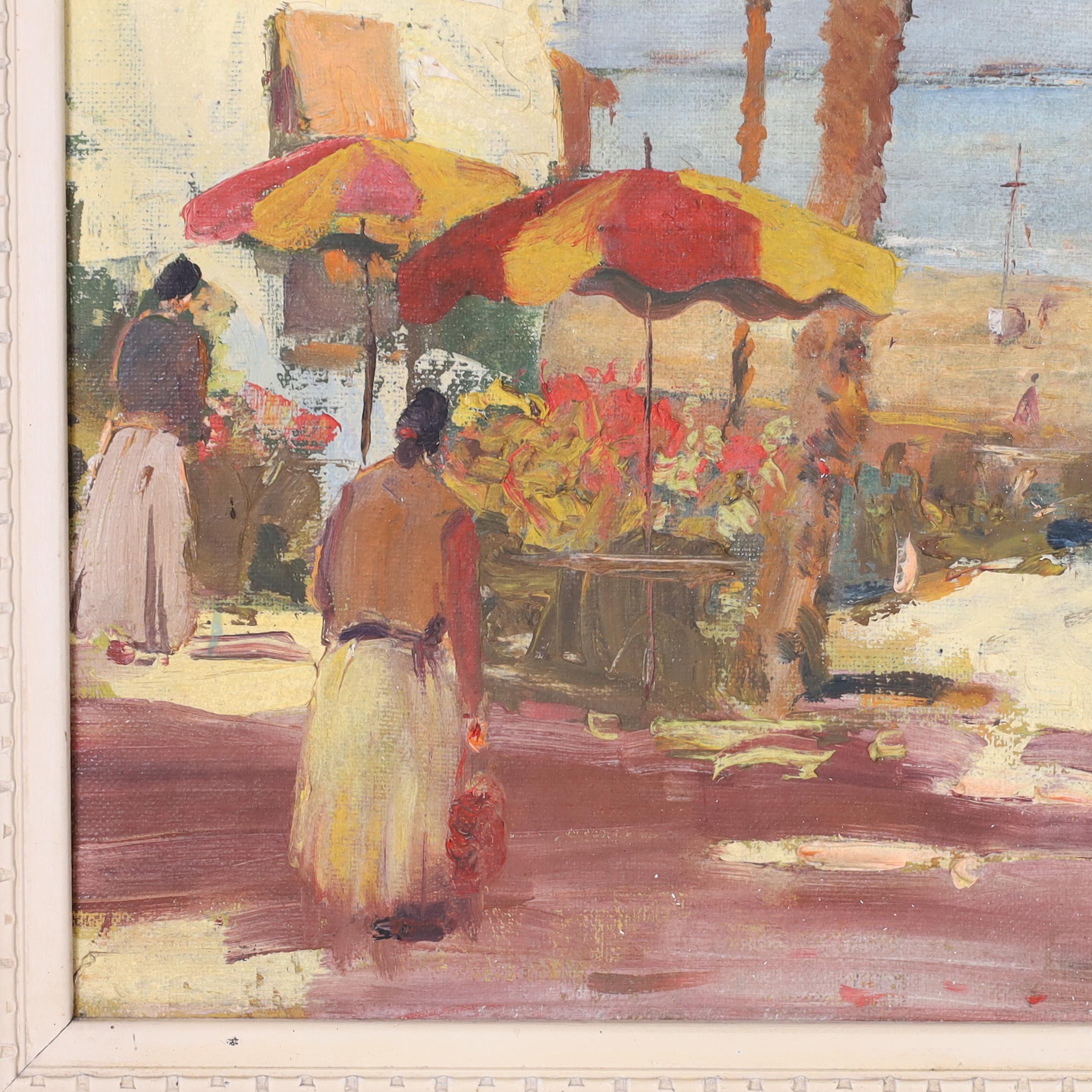 Hand-Painted Vintage Oil Painting on Canvas of a Flower Market For Sale