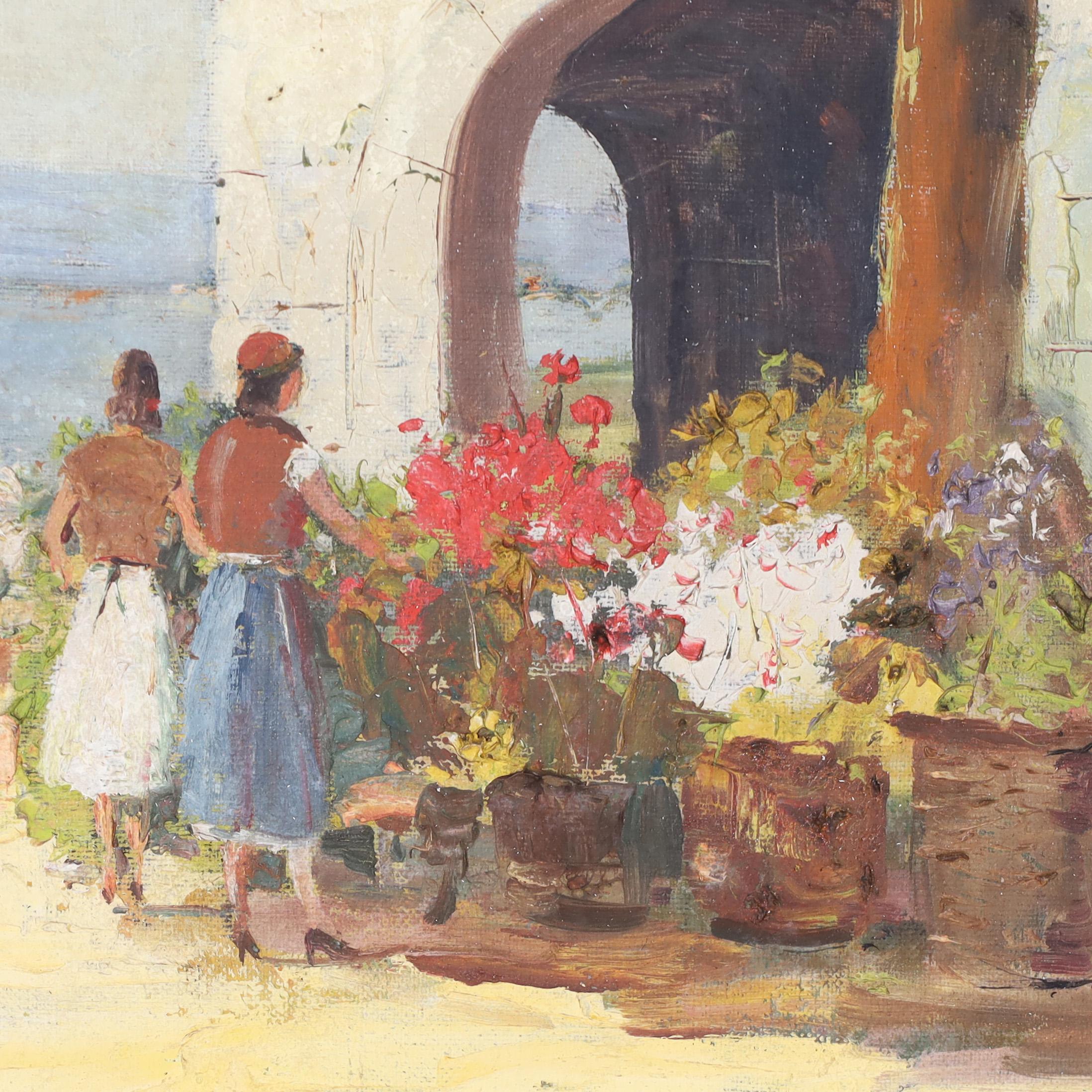 20ième siècle Peinture à l'huile sur toile d'un marché de fleurs