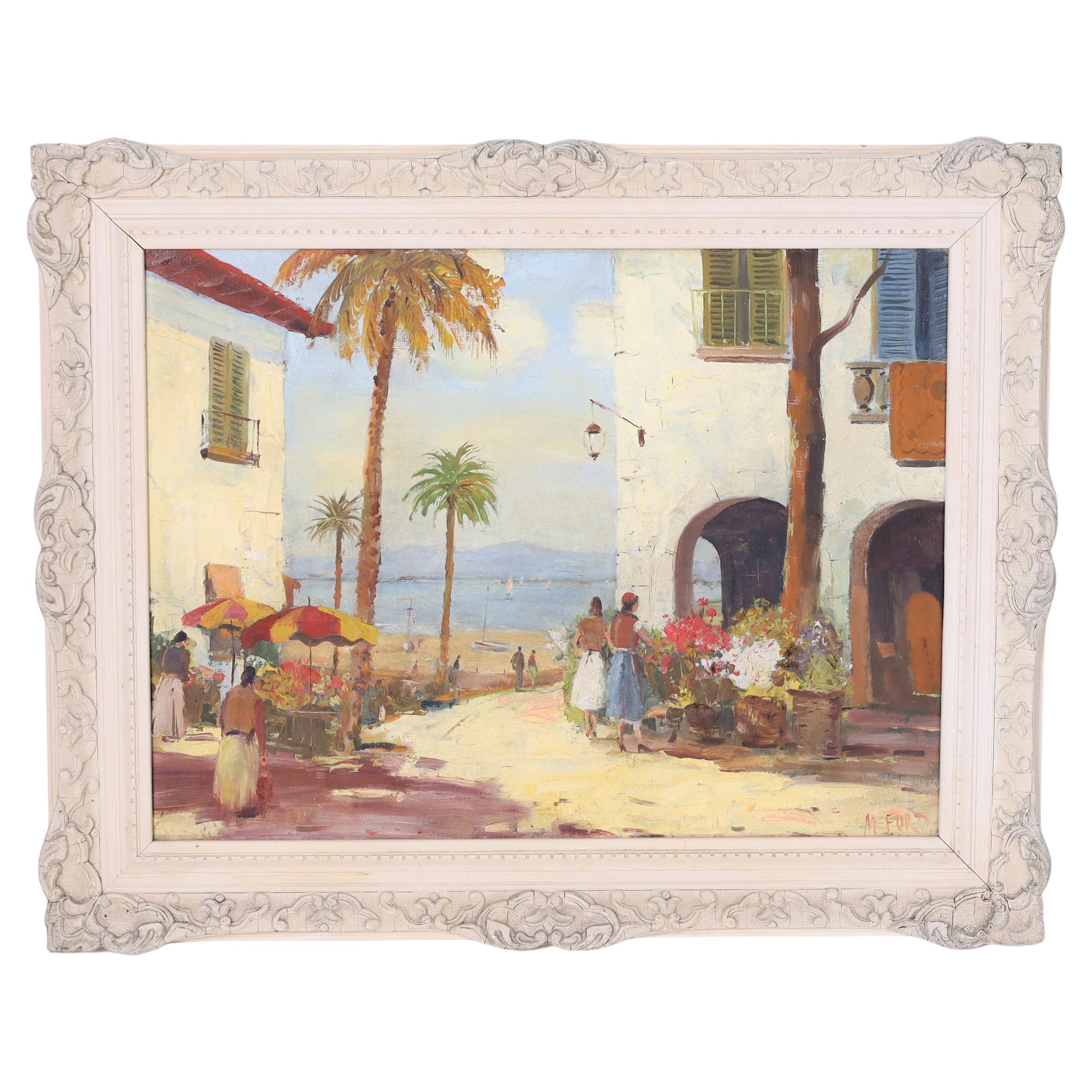 Vintage Oil Painting on Canvas of a Flower Market For Sale
