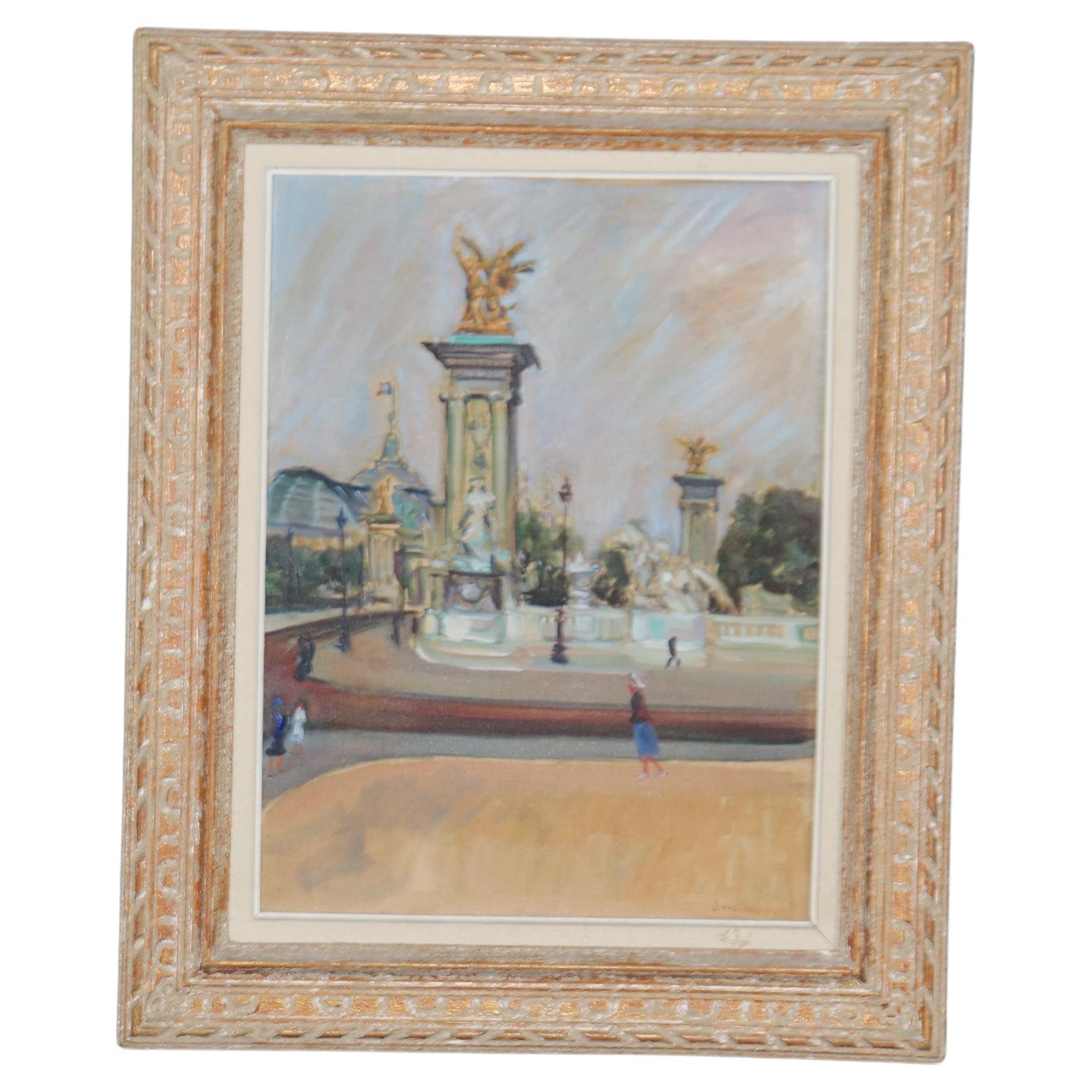 Pittura a olio su tela d'epoca di una scena di strada a Parigi firmata Kazlazusky