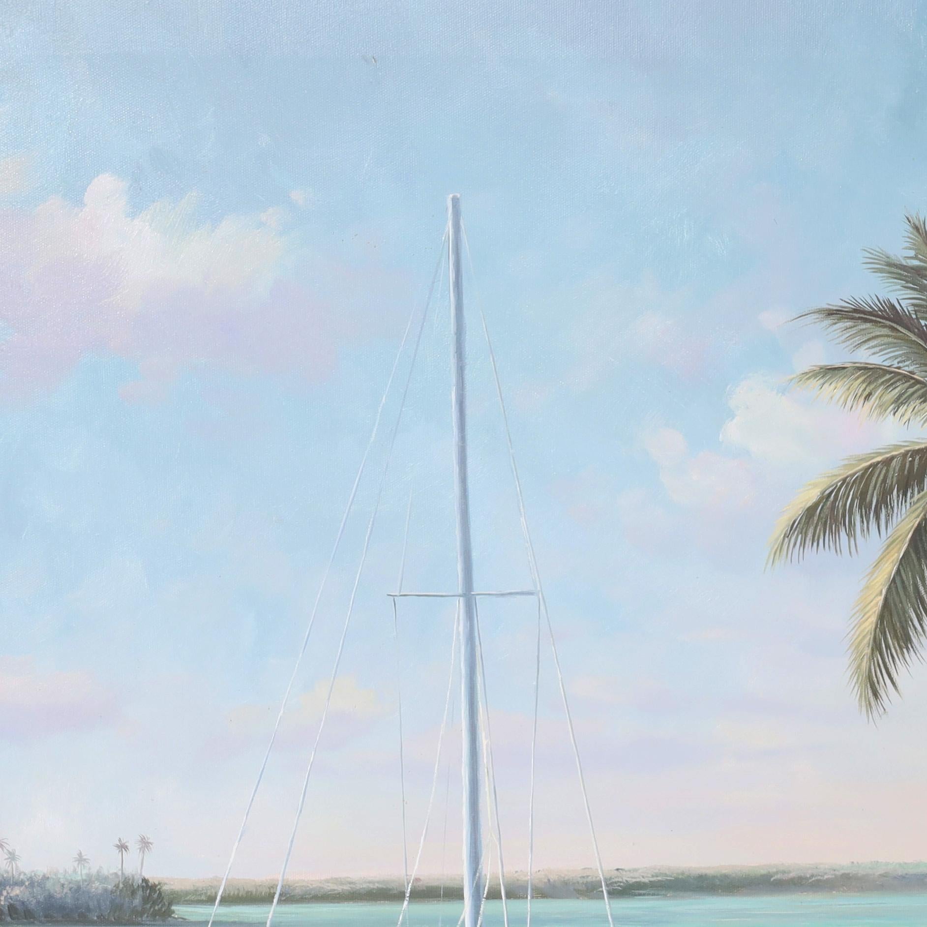 Transporting oil painting on canvas of a tropical Caribbean bayscape with a boat, houses and palm trees on a sunny day highlighting light and shadow. Signed J. Drooks in the lower right and presented in a wood frame.