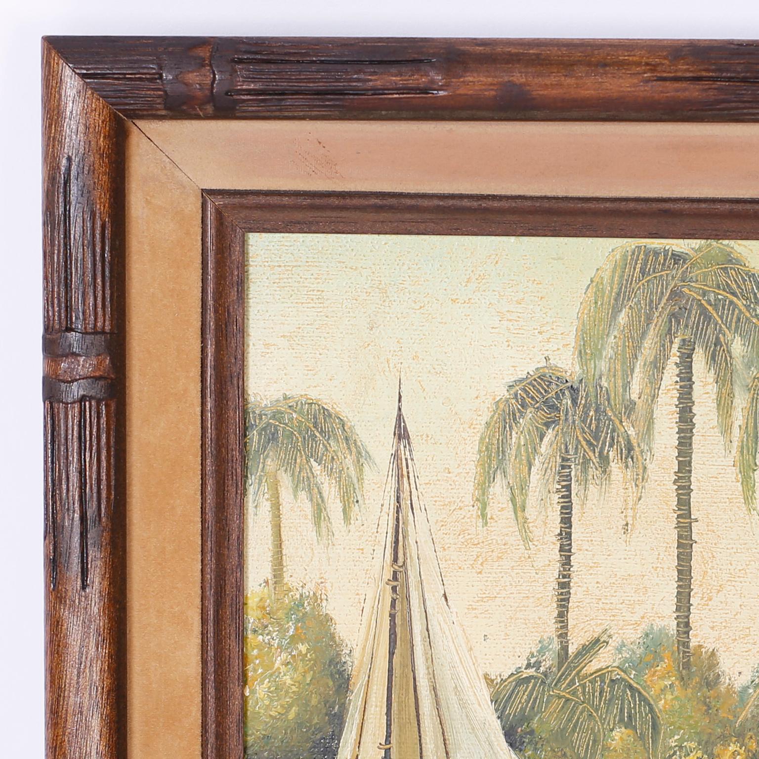 Oil painting on canvas depicting a sailboat with two inhabitants in a tropical waterway complete with palm trees, signed D. Gibbs, and presented in a carved wood faux bamboo frame.