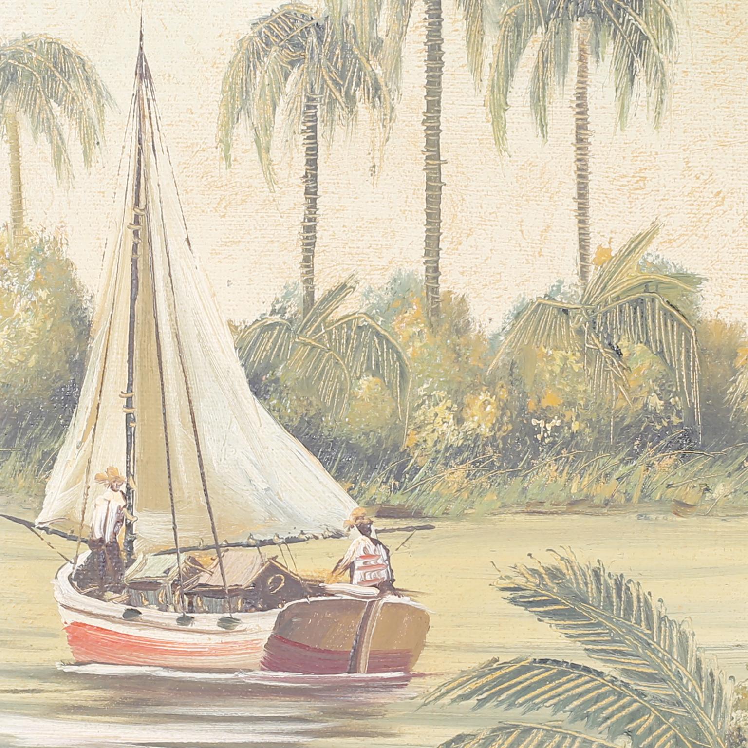 American Vintage Oil Painting on Canvas of a Tropical Scene with Sailboat