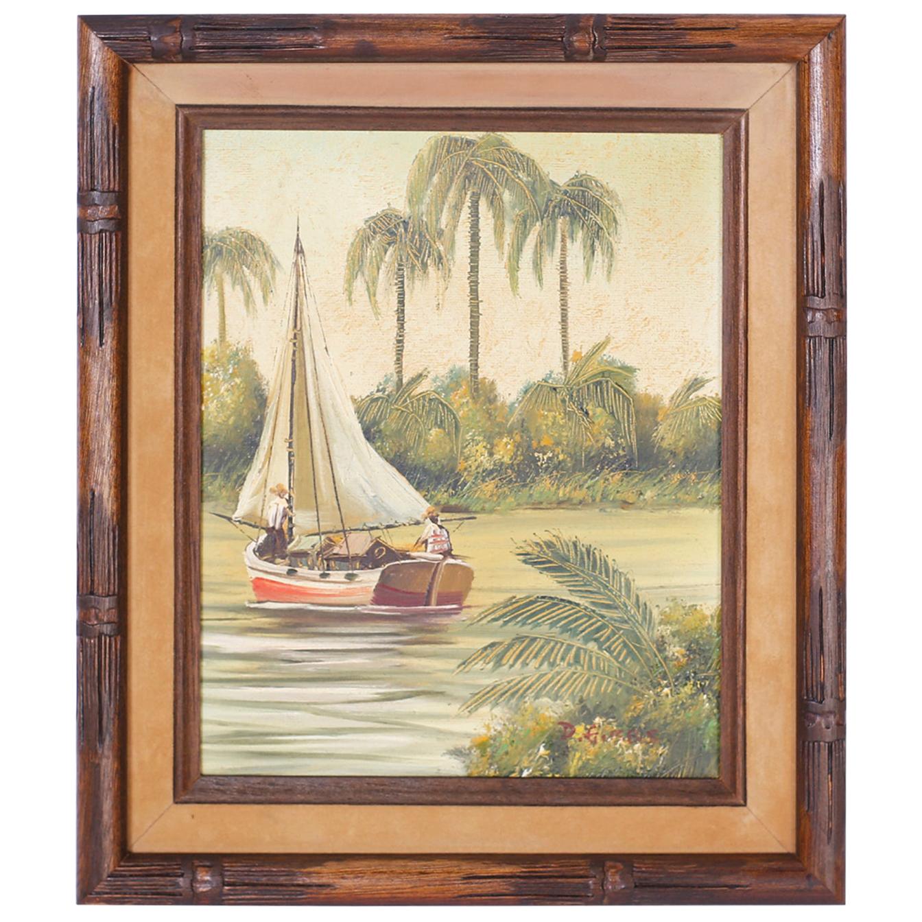 Vintage Oil Painting on Canvas of a Tropical Scene with Sailboat